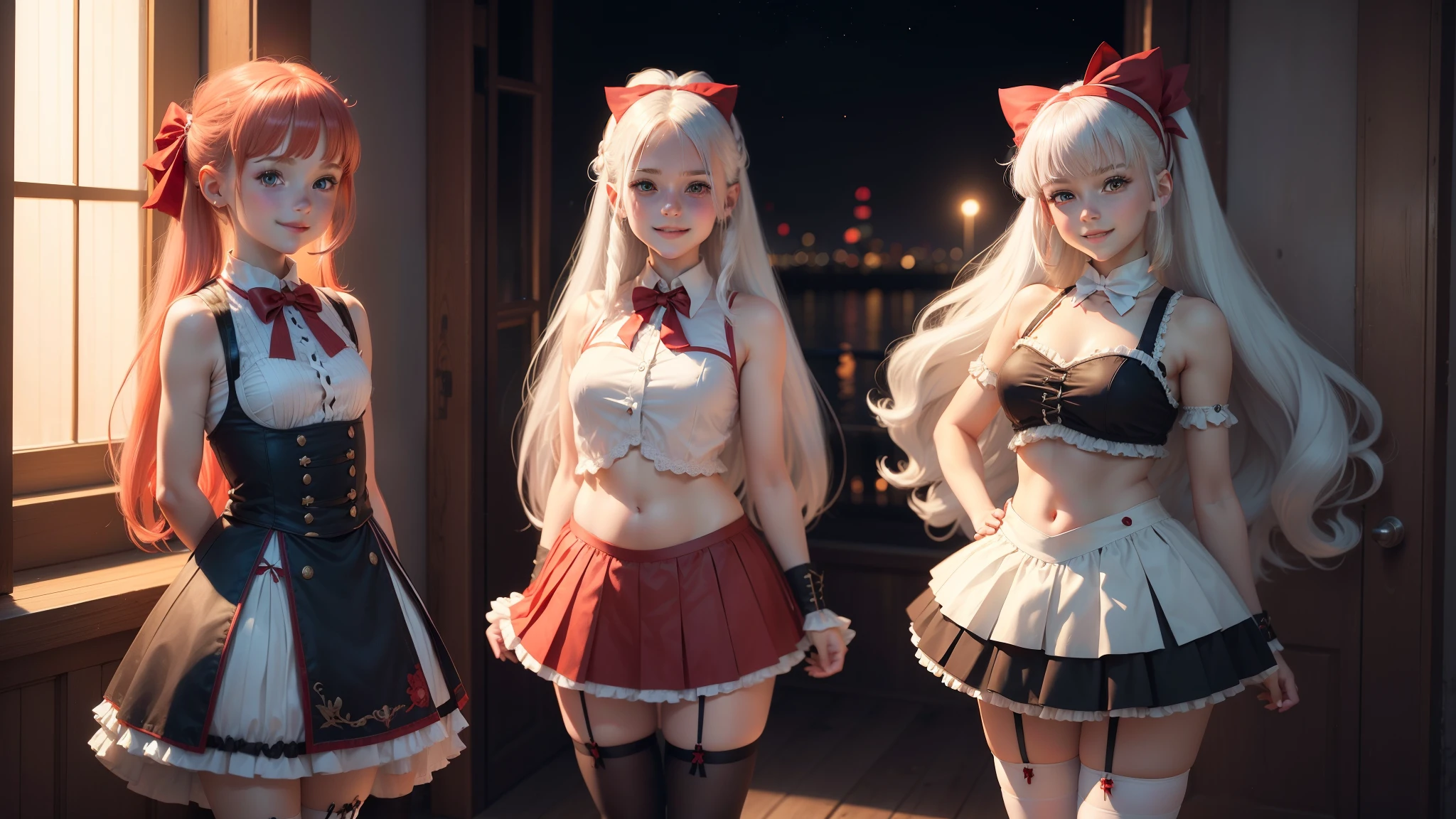 white-haired and red-haired Europeans girls, Europeans girls, cute, Young, with long hair, sleeveless jackets, pleated skirt, short cropped tops, night time, smiling, stockings with garters, belly button, big bow on the head, pregnat, flirts with you, big bow on ponytail