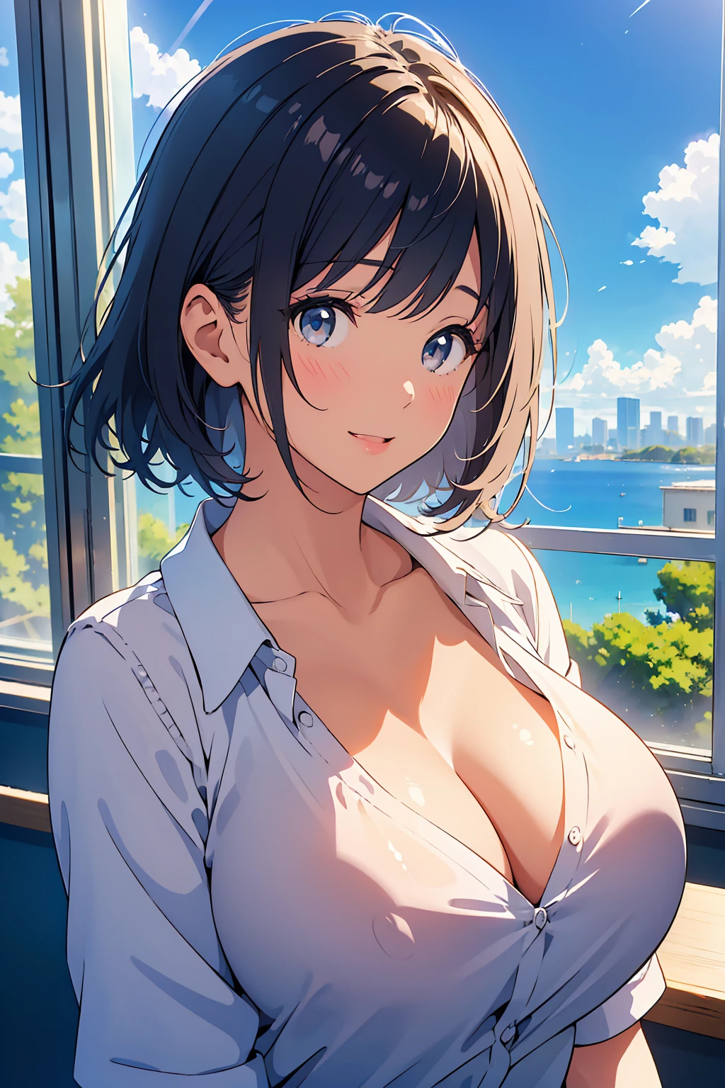 (masterpiece:1.6),(Highest quality 1.6), (Ultra High Resolution 1.2),(Black Hair:1), ( Black Hair:1),(Upward-facing chest, Beautiful big boobs:1.3), (Cleavage), (beautiful girl:1.4),girl,(Bob Hair:1.2),(enjoy:1.6), (Happy:1.3),(Gushing out:1.4), close your eyes, (Squint your eyes:1.4), ((blush)), Plain, White blouse, (Open blouse), (Upper Body Shot:1.3),Side Shot,Realistic Background,School, Classroom window background, Blue sky outside the window, 