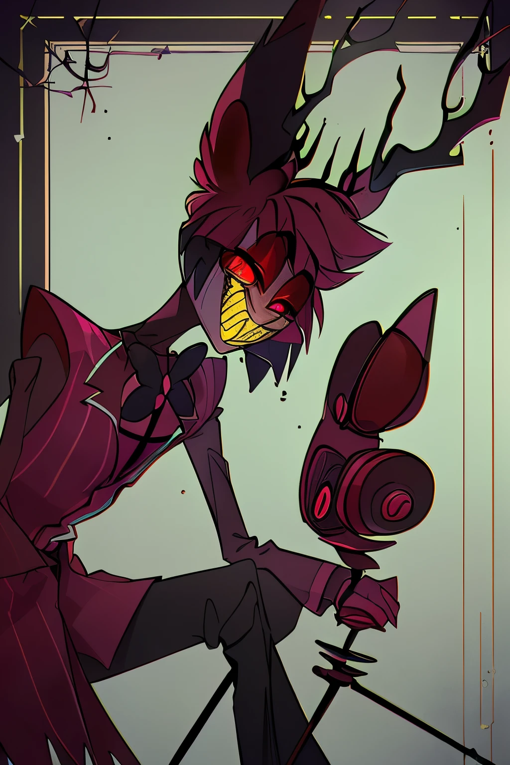 Alastor from hazbin hotel intimidating and seducing the viewer. 
view is low looking up at the character, full body drawing, full body, cartoon anime style, horror, scary, attractive, (best quality,4k,8k,highres,ultra-detailed,horror,anime,professionally lit, , ((SCARLET EYES)), ((red eyes),bowtie, jacket, monocle, microphone, suit, 1boy, solo, animal ears, sharp teeth, red eyes, teeth, bow, smile, looking at viewer, slit pupils, red hair, grin, multicolored hair, red sclera, holding microphone, vibrant colors, sharp focus, detailed facial features, wicked smile, piercing red eyes, slicked-back black hair, formal attire, top hat, radio microphone, vintage aesthetic, eerie lighting, ominous atmosphere, haunting presence all, lean figure with deer-like antlers on his head, boasting pale white skin, sharp teeth, and striking red eyes. vintage 1930s style attire, black suit with white pinstripes and a stylish red bow tie, complemented by a black top hat adorned with a distinctive red band, embodying the essence of a classic radio host from the early 20th century, which perfectly matches his charismatic and charming demeanor in the series. Full body drawing, head to toe, full character,