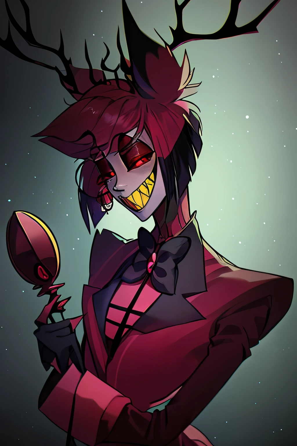 Alastor from hazbin hotel intimidating and seducing the viewer. 
view is low looking up at the character, full body drawing, full body, cartoon anime style, horror, scary, attractive, (best quality,4k,8k,highres,ultra-detailed,horror,anime,professionally lit, , ((SCARLET EYES)), ((red eyes),bowtie, jacket, monocle, microphone, suit, 1boy, solo, animal ears, sharp teeth, red eyes, teeth, bow, smile, looking at viewer, slit pupils, red hair, grin, multicolored hair, red sclera, holding microphone, vibrant colors, sharp focus, detailed facial features, wicked smile, piercing red eyes, slicked-back black hair, formal attire, top hat, radio microphone, vintage aesthetic, eerie lighting, ominous atmosphere, haunting presence all, lean figure with deer-like antlers on his head, boasting pale white skin, sharp teeth, and striking red eyes. vintage 1930s style attire, black suit with white pinstripes and a stylish red bow tie, complemented by a black top hat adorned with a distinctive red band, embodying the essence of a classic radio host from the early 20th century, which perfectly matches his charismatic and charming demeanor in the series. Full body drawing, head to toe, full character,