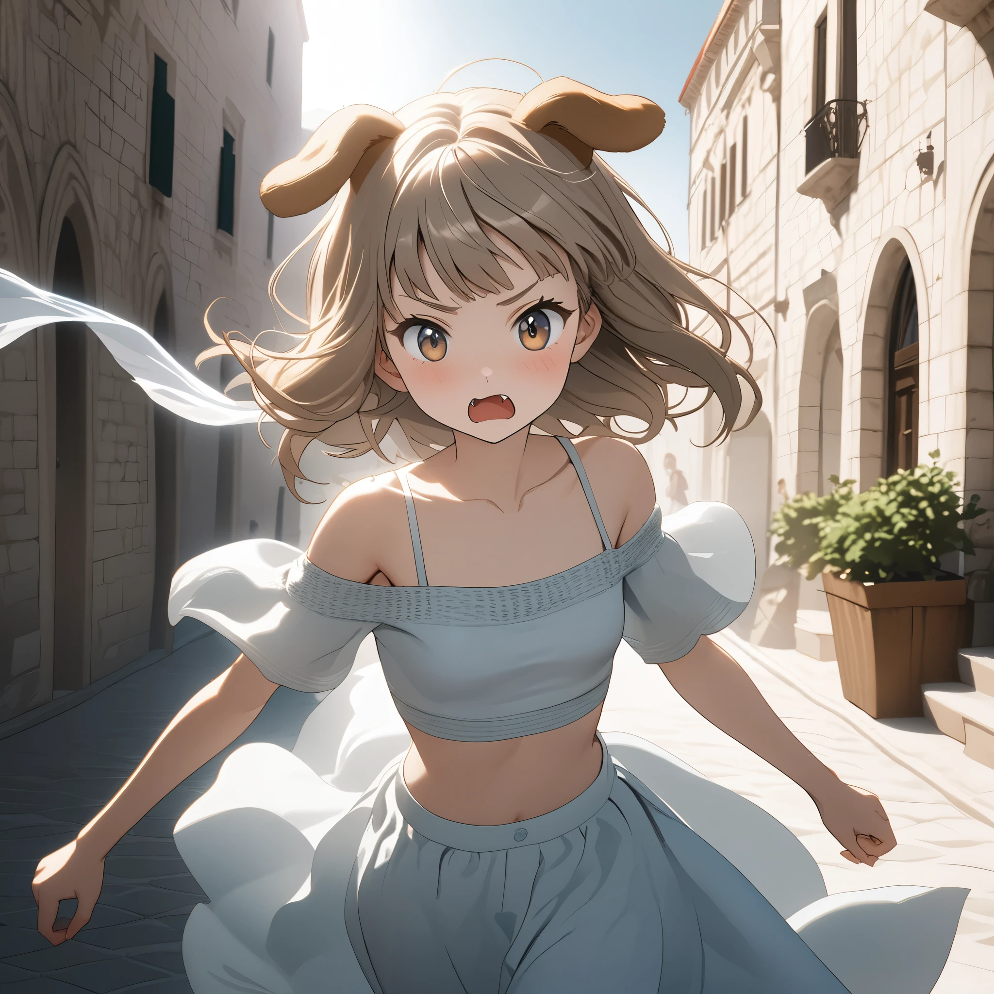 ((Masterpiece)), ((best quality)), (Anime:1.3), (super detail:1.2), ((High Definition:1.3), (Professional Photography:1.4), ((12 years old)), 8K, Glossy skin, cinematic lighting, 1girl, wide-shot, (Knit fabric crop top), (Cute innocent teenage girl), slendar body, small breast, glossy medium hair, (loose blunt bangs), ((:3)), open mouth wide, fang out, (grimace), beautiful collarbones, (slightly exposed shoulders), (put on dog ears), pale brown hair, Hair that flutters in the wind, BREAK, ((best quality)), (Walking on Dubrovnik townscape in Croatia), summerday,