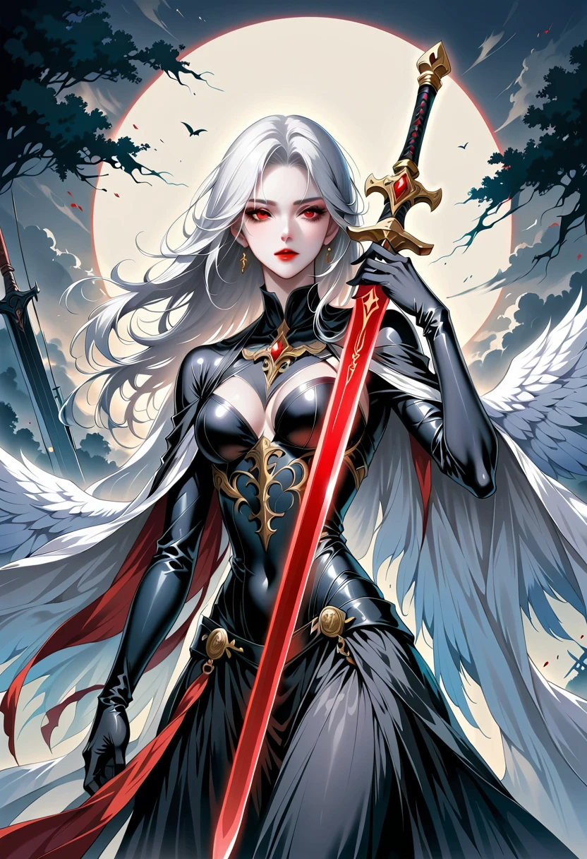 Beautiful angel with sword,Simple lines,Abstract Art,Holding a red long sword,