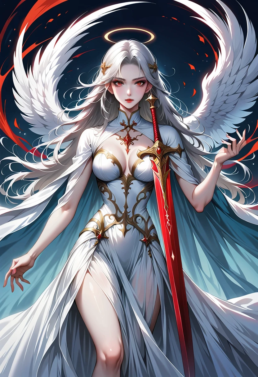 Beautiful angel with sword,Simple lines,Abstract Art,Holding a red long sword,