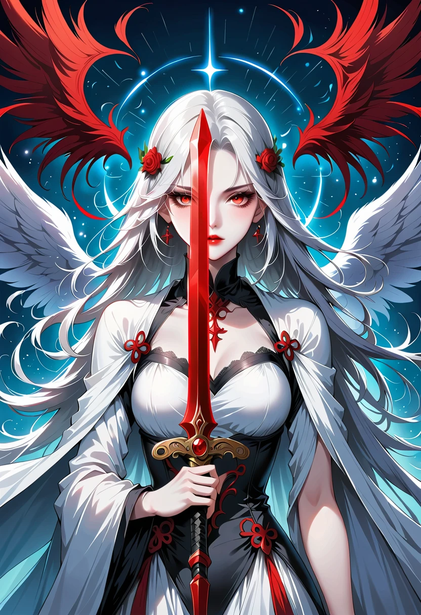 Beautiful angel with sword，Simple lines，Abstract Art，Holding a red long sword，