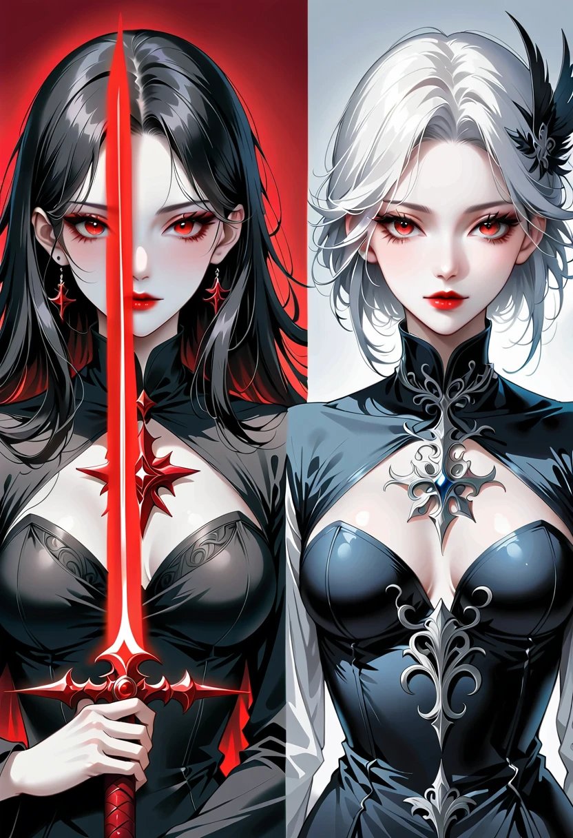 Beautiful angel holding a sword,Simple lines,Abstract Art,Holding a red long sword, (The artwork should transition from a black and white pencil style on the left half to bright colors on the right half, Ensure the two halves blend seamlessly,No dividing line. Detailed black and white pencil strokes are shown on the left,The fill color is shown on the right, Create a fusion of the entire image)
