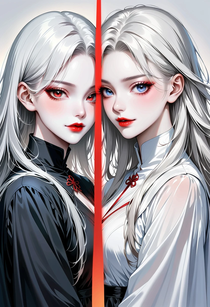 Beautiful angel holding a sword，Simple lines，Abstract Art，Holding a red long sword， (The artwork should transition from a black and white pencil style on the left half to bright colors on the right half, Ensure the two halves blend seamlessly，No dividing line. Detailed black and white pencil strokes are shown on the left，The fill color is shown on the right, Create a fusion of the entire image)