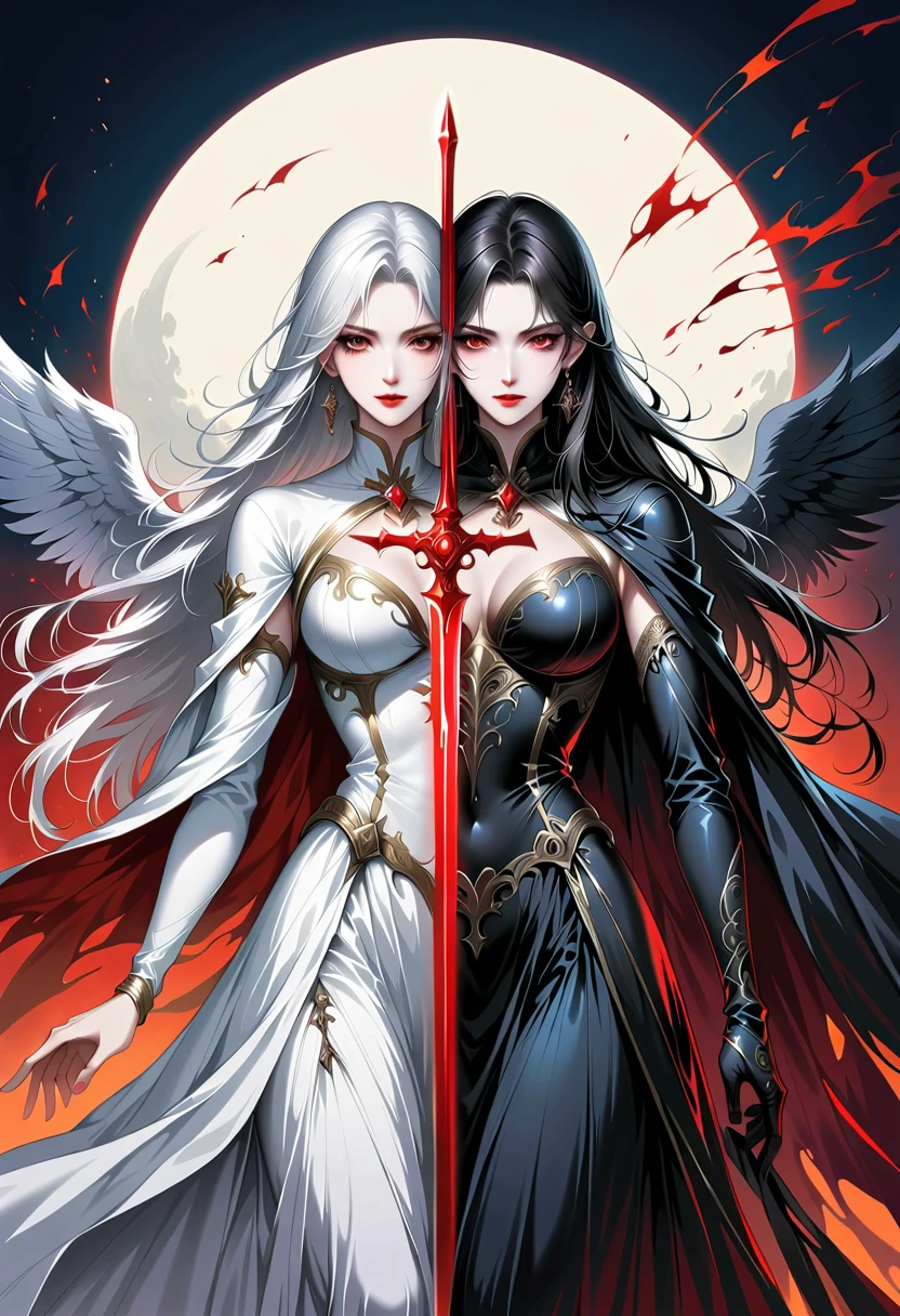 Beautiful angel holding a sword，Simple lines，Abstract Art，Holding a red long sword， (The artwork should transition from a black and white pencil style on the left half to bright colors on the right half, Ensure the two halves blend seamlessly，No dividing line. Detailed black and white pencil strokes are shown on the left，The fill color is shown on the right, Create a fusion of the entire image)