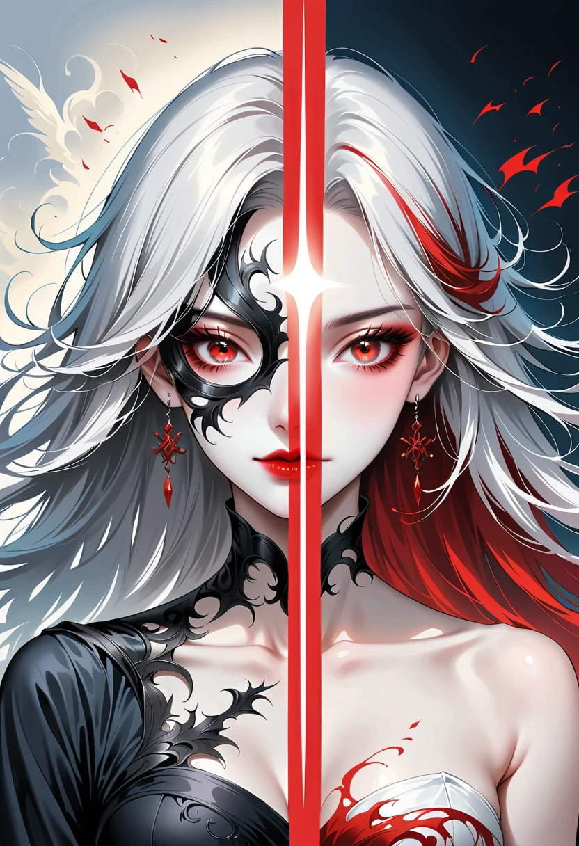 Beautiful angel holding a sword,Simple lines,Abstract Art,Holding a red long sword, (The artwork should transition from a black and white pencil style on the left half to bright colors on the right half, Ensure the two halves blend seamlessly,No dividing line. Detailed black and white pencil strokes are shown on the left,The fill color is shown on the right, Create a fusion of the entire image)