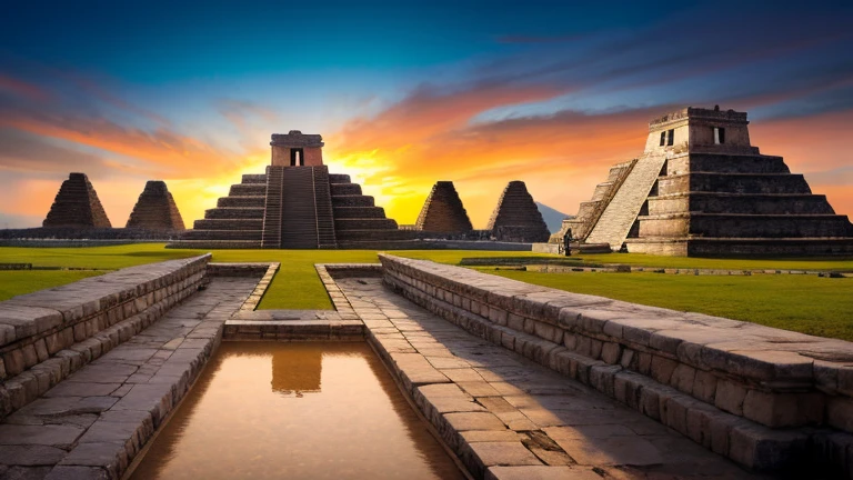 In the third plane, There are key elements of each Mesoamerican civilization intermingling, as people go about their daily lives,architectural wonders inspired by Mesoamerican cultures begin to emerge, and the sun starts to set [Masterpiece: 1.5, Best Quality], [Highly detailed digital painting], [Intricate Mesoamerican motifs and patterns], [Vibrant colors reflecting the sunset], [Awe-inspiring depiction of ancient rituals], [Dynamic angles showcasing the architecture], [Extremely detailed CG unity 8k wallpaper], [Realistic textures on the ancient stones], [Sense of depth and perspective], [Subtle shadows adding