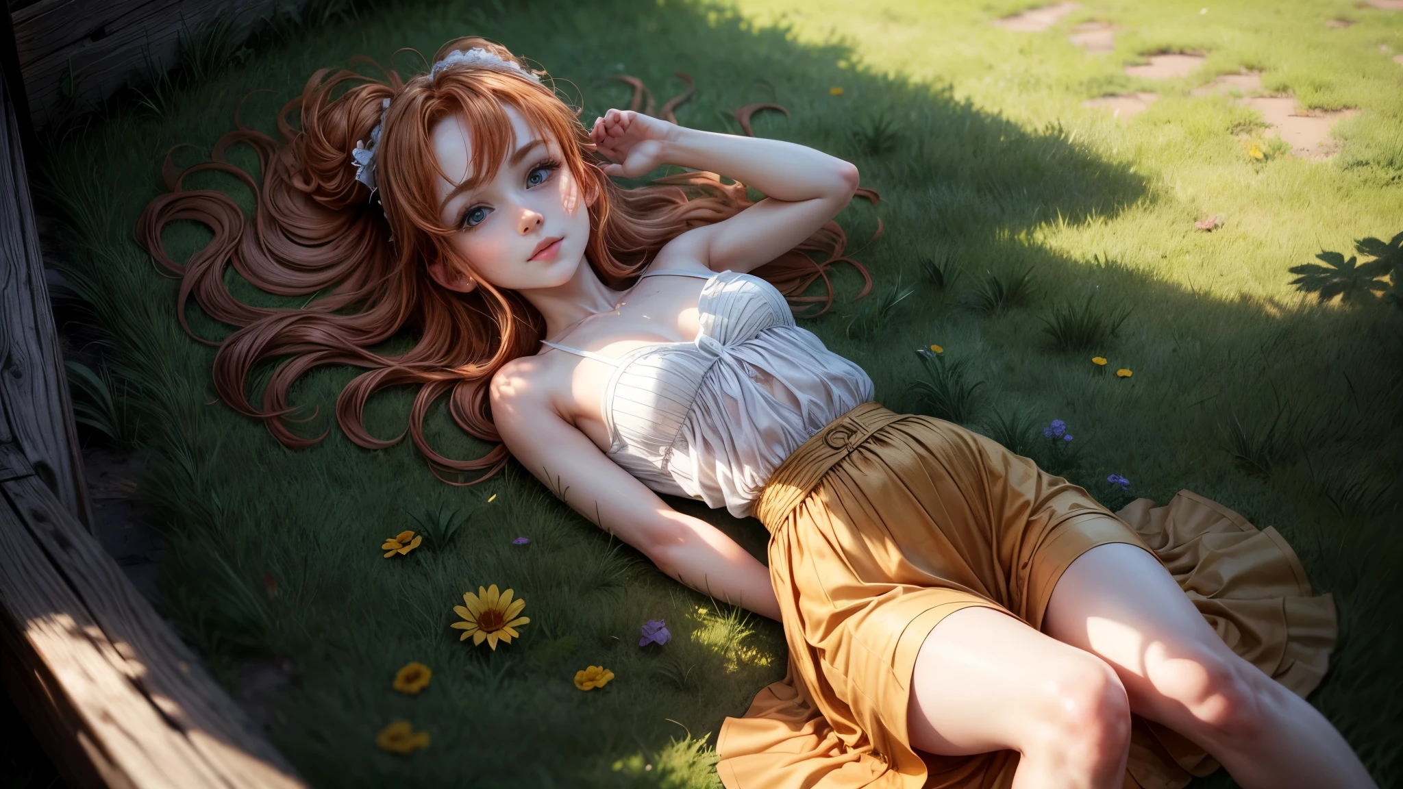 8k, masterpiece, lolita, ginger hair, ginger eyebrows, she's looking at you, bare shoulders, delicate legs, plated skirt, looking at the viewer, Looks straight into your eyes, her gaze is directed at you, Sunlit, Frolicking happily, small smile, colorful Dress with skirt, Frickles, forrest on a windy day, sunlit day, flirting cousin