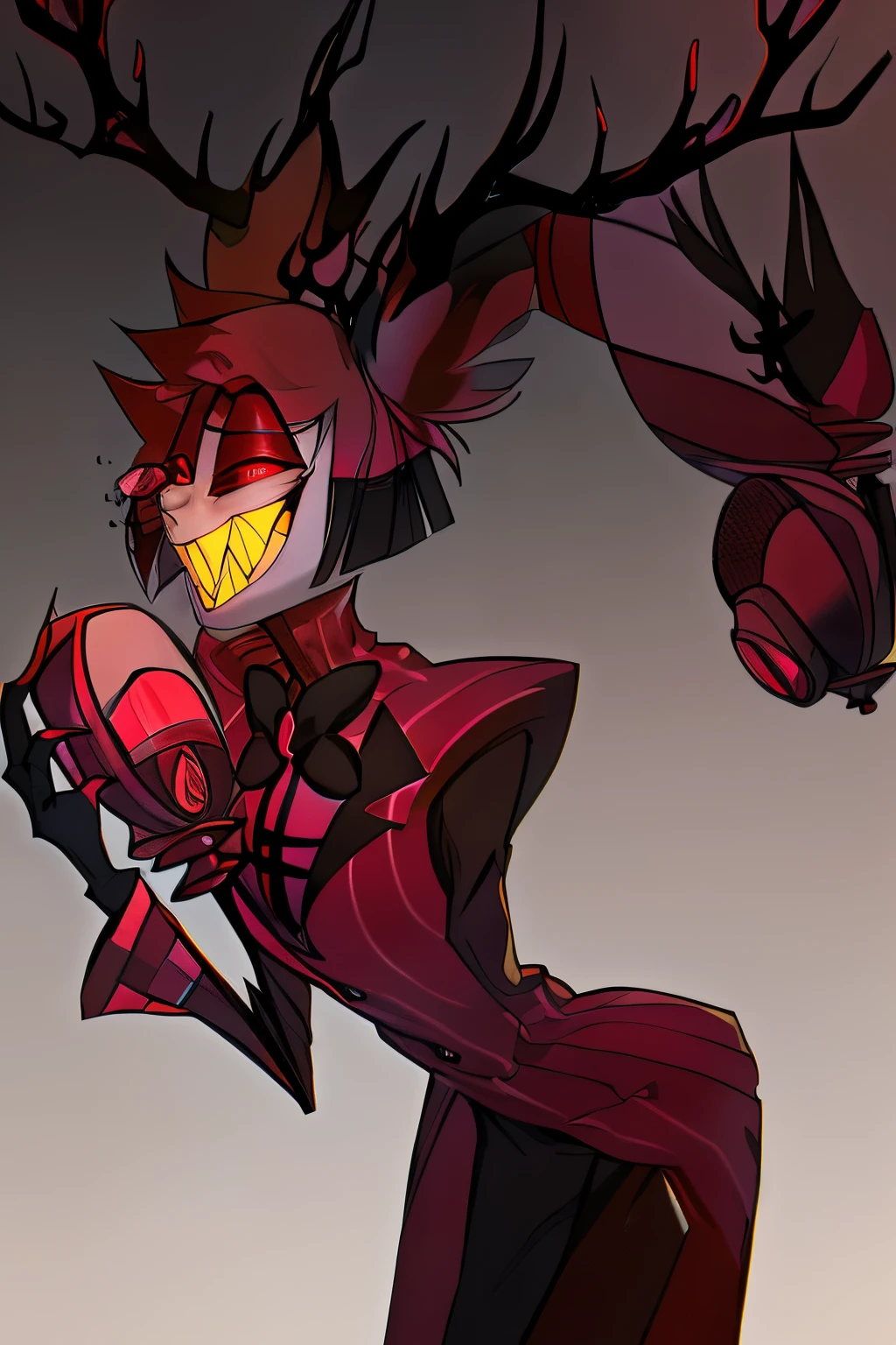 colettetrixie, red skin, sharp teeth, hair over one eye, hairband, demon horns, colored sclera, purple shirt, purple shorts, demon wings, shiranui mai