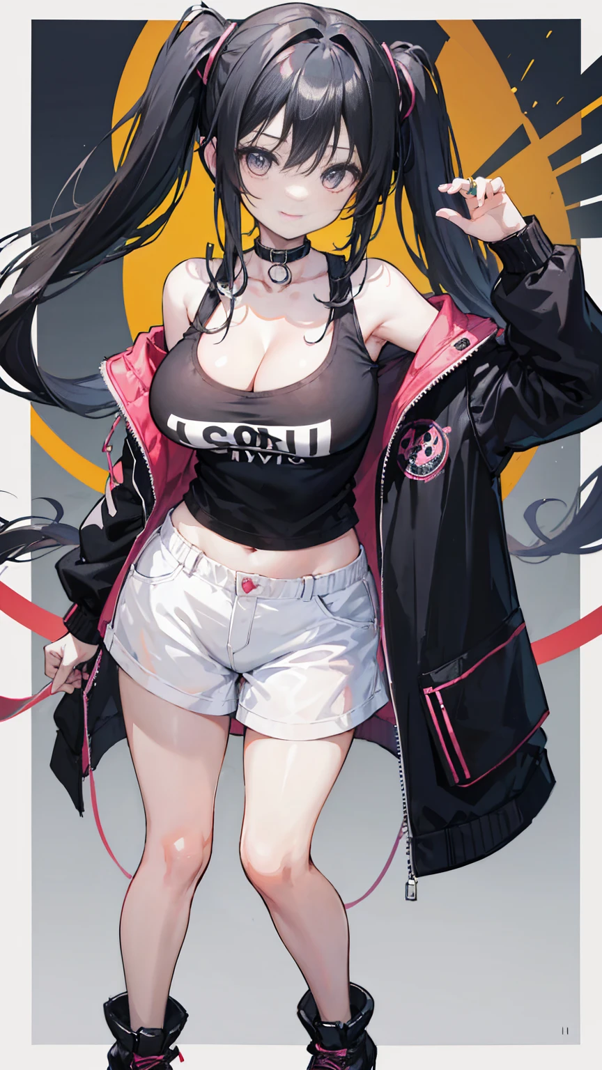 masterpiece,anime style,chibi,sexy girl,black hair,shoulder length hair with two pigtails,black jacket,with headphones,lo fi background,smiling,big breasts,listening to music,waiting on the right side of the image,showing cleavage,full body,standing,black t-shirt,
