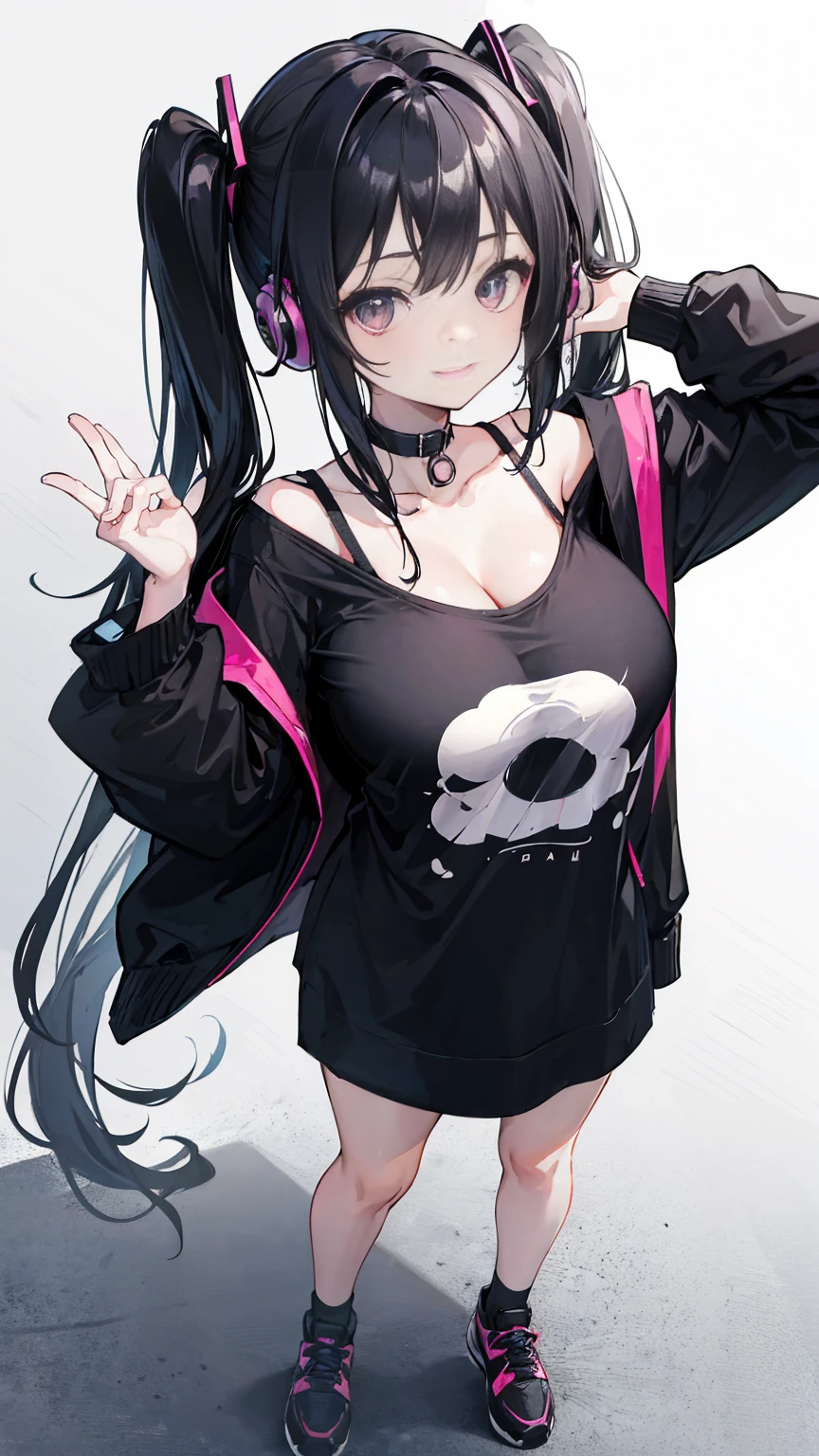 masterpiece,anime style,chibi,sexy girl,black hair,shoulder length hair with two pigtails,black jacket,with headphones,lo fi background,smiling,big breasts,listening to music,waiting on the right side of the image,showing cleavage,full body,standing,black t-shirt,