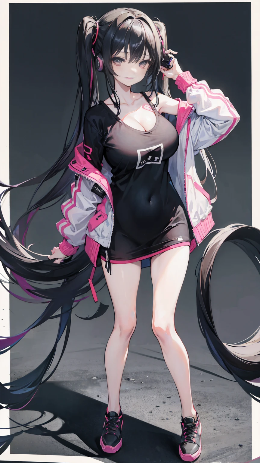 masterpiece,anime style,chibi,sexy girl,black hair,shoulder length hair with two pigtails,black jacket,with headphones,lo fi background,smiling,big breasts,listening to music,waiting on the right side of the image,showing cleavage,full body,standing,black t-shirt,