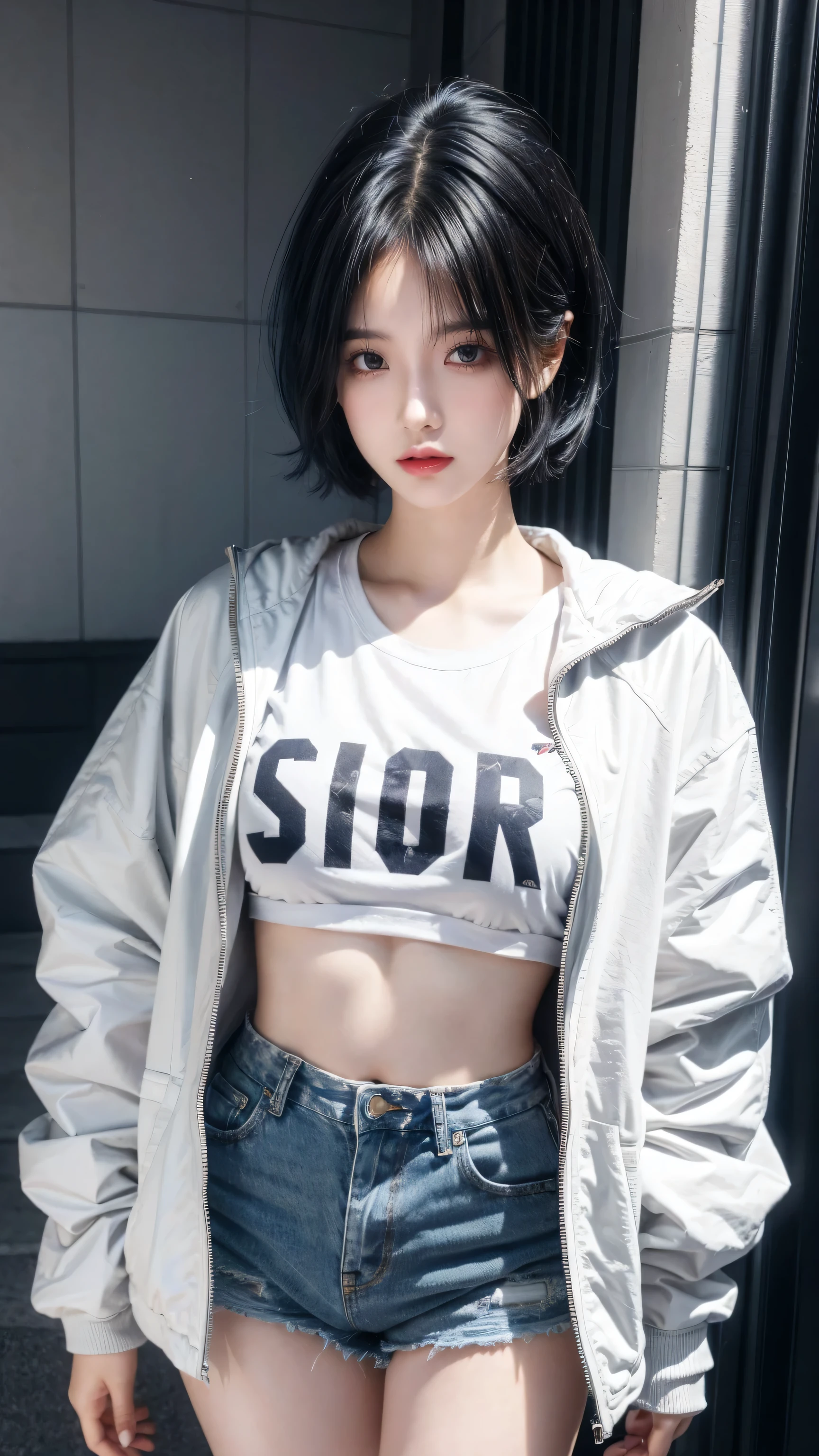 best quality, 1 Girl, dark blue hair, black eyes, Very short hair, Spiky hair, oversize t-shirt, white jacket, High waist short jeans, 171 cm, Messy hair, Hair between the eyes, Medium breasts, full, Tomboy, aldult, 20 years old, 1 Girl