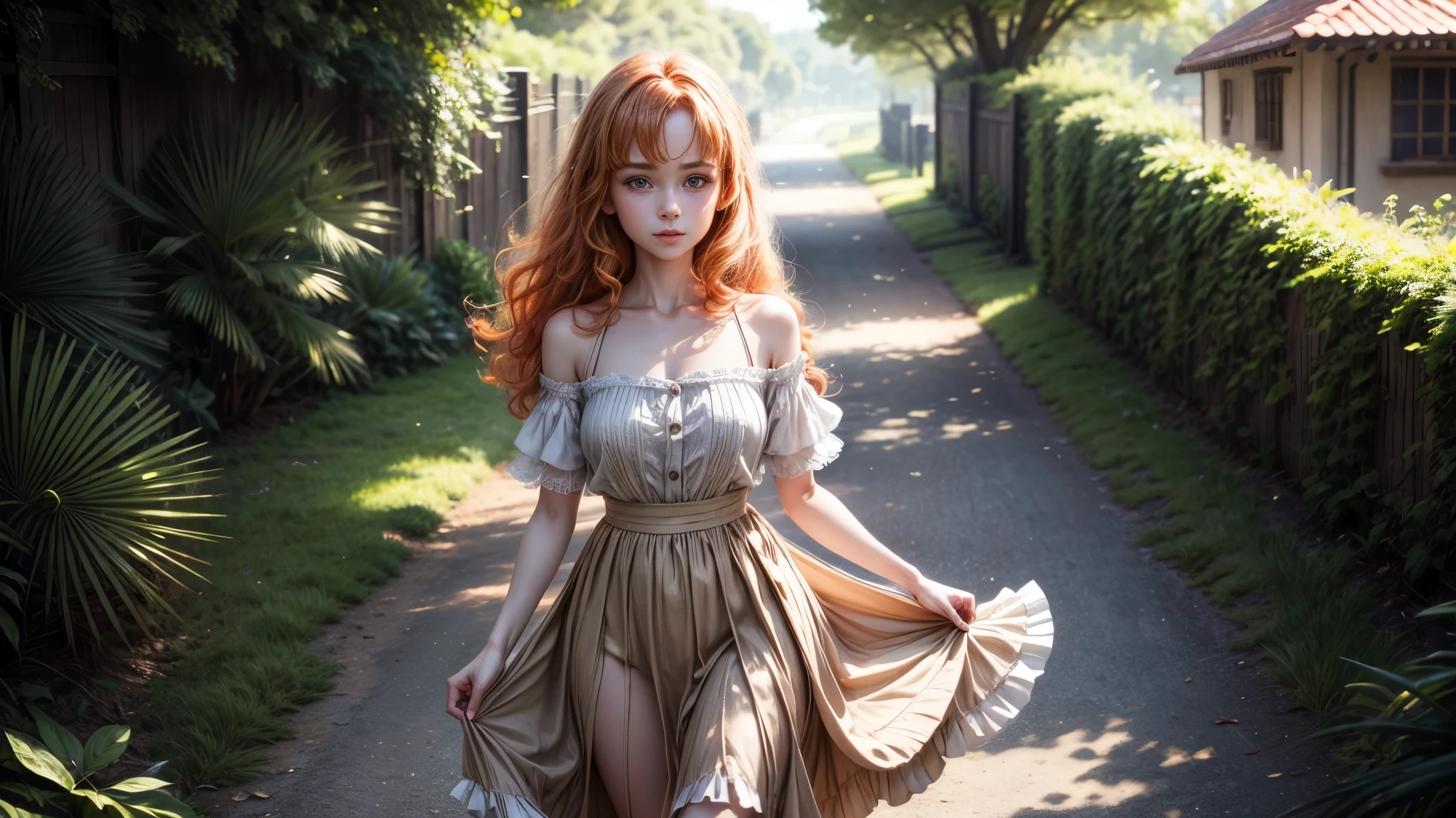 8k, masterpiece, ta, ginger hair, ginger eyebrows, she's looking at you, bare shoulders, delicate legs, plated skirt, looking at the viewer, Looks straight into your eyes, her gaze is directed at you, Sunlit, Frolicking happily, small smile, colorful Dress with skirt, Frickles, forrest on a windy day, sunlit day, flirting cousin