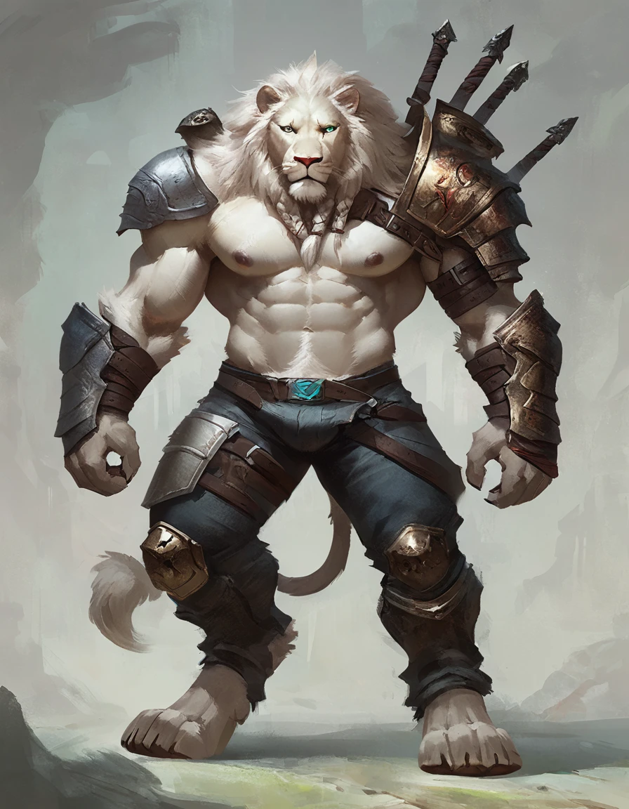 male white furred lion, concept art, feet, strong eyes, pecs, abs, nipples, unbuckled, unbuttoned pants, braids, rengar, underwear, armor