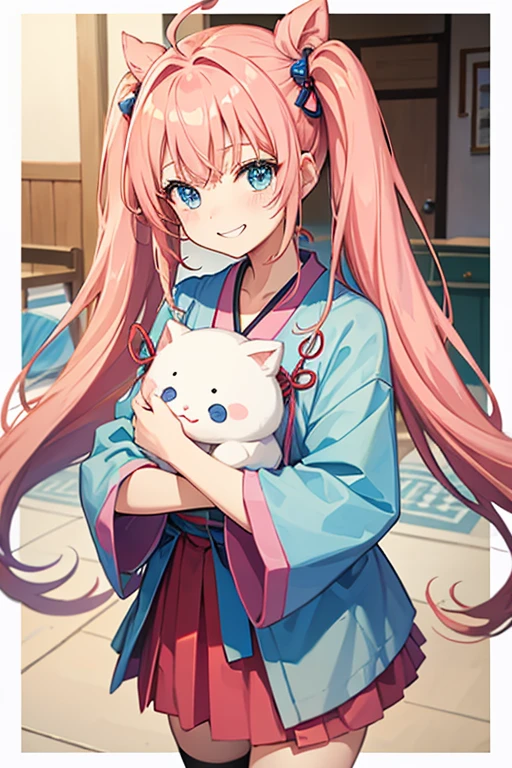 masterpiece, highest quality, High resolution，Anime Style、Characters from Tensura、Milim　　　　　　　　　　　　　Platinum pink hair（Twin tails:1:20）（Ahoge:1:10）、blue eyes、About 10 years old、、Smile with your mouth closed、The double tooth shines、Red on the neck、white、A necklace with a blue magatama、Border socks、Smiling innocently、Yukata、stand