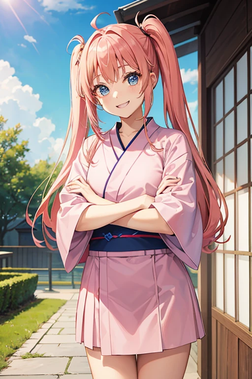 masterpiece, highest quality, High resolution,Anime Style、Characters from Tensura、Milim Platinum pink hair(Twin tails:1:20)(Ahoge:1:10)、blue eyes、About 10 years old、、Smile with your mouth closed、The double tooth shines、Red on the neck、white、A necklace with a blue magatama、Border socks、Smiling innocently、Yukata、Stand and pose