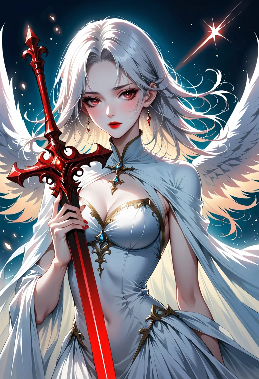 Beautiful angel with sword，Simple lines，Abstract Art，Holding a red long sword，