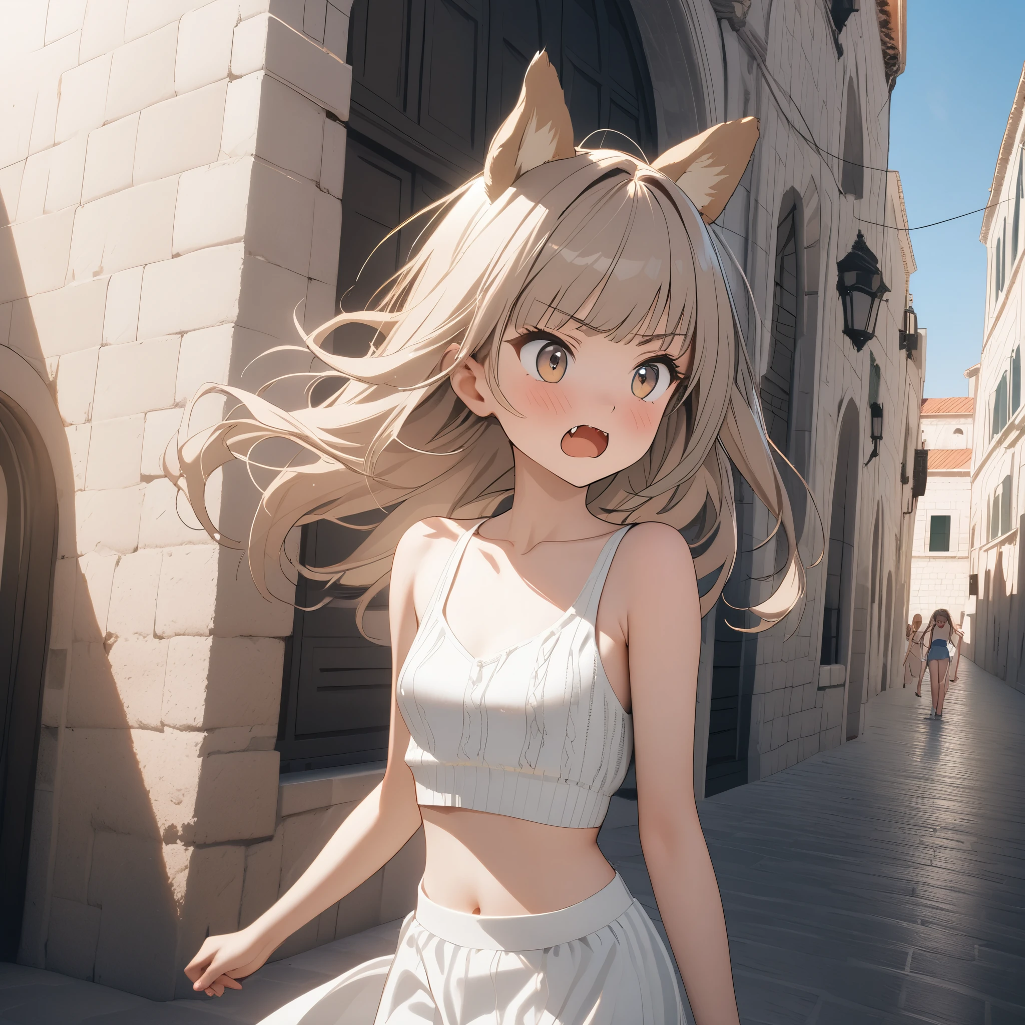((Masterpiece)), ((best quality)), (very aesthetic:1.2), (absurdres:1.3), (super detail:1.2), ((High Definition:1.3), (Professional Photography:1.4), (()), 8K, Glossy skin, cinematic lighting, 1girl, (Knit fabric tanktop), (Cute innocent teenage girllendar body, small breast, glossy medium hair, (loose blunt bangs), ((bags under the eyes)), open mouth wide, fang out, (smug), beautiful collarbones, (slightly exposed shoulders), (put on cat ears), pale brown hair, Hair that flutters in the wind, BREAK, ((best quality)), (Sitting on Dubrovnik townscape in Croatia), summerday, (very aesthetic:1.2), (absurdres:1.3),