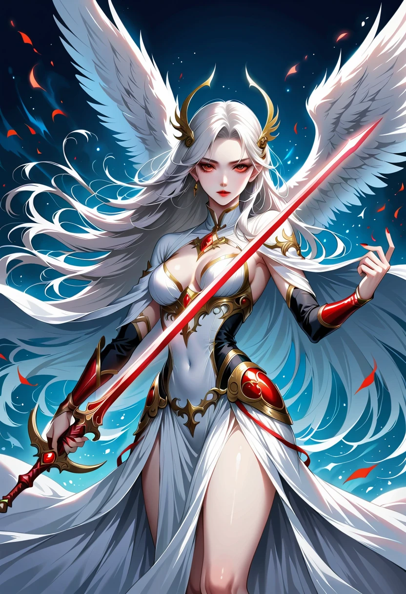 Beautiful angel with sword,Simple lines,Abstract Art,Holding a red long sword,