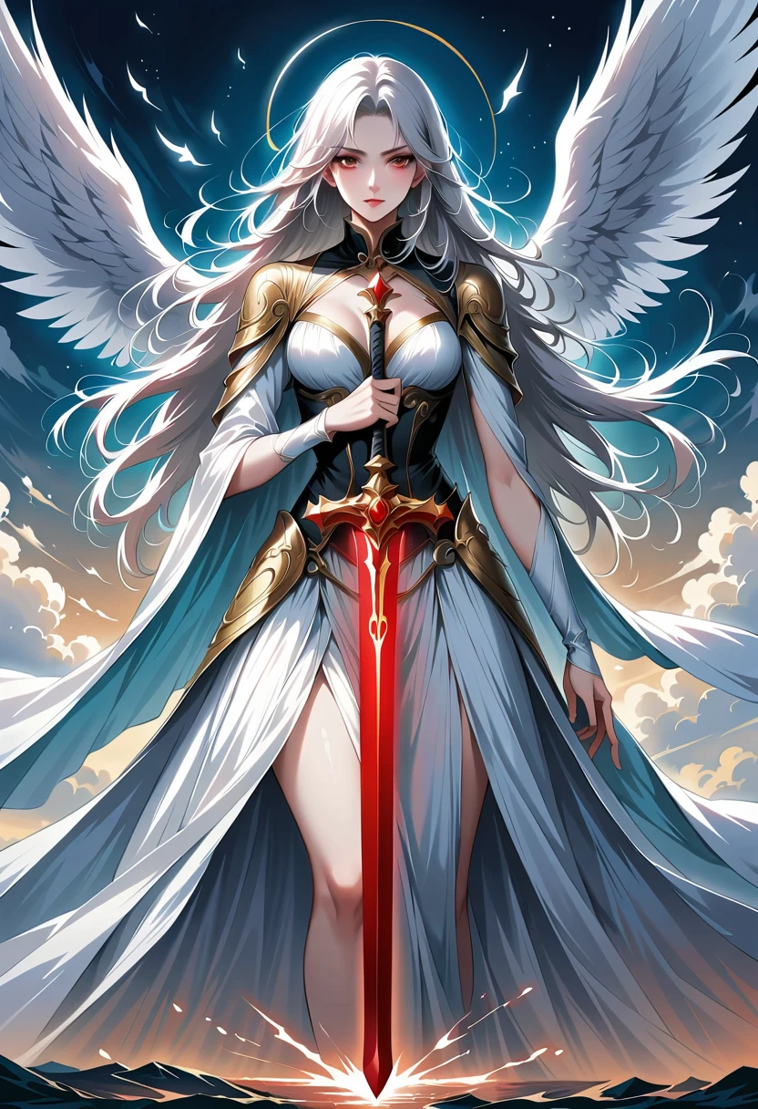 Beautiful angel with sword,Simple lines,Abstract Art,Holding a red long sword,