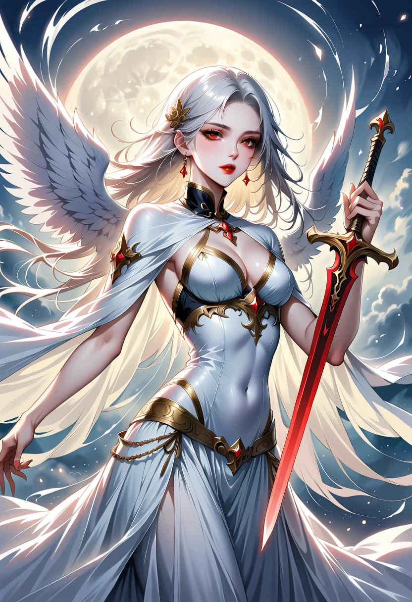 Beautiful angel with sword，Simple lines，Abstract Art，Holding a red long sword，