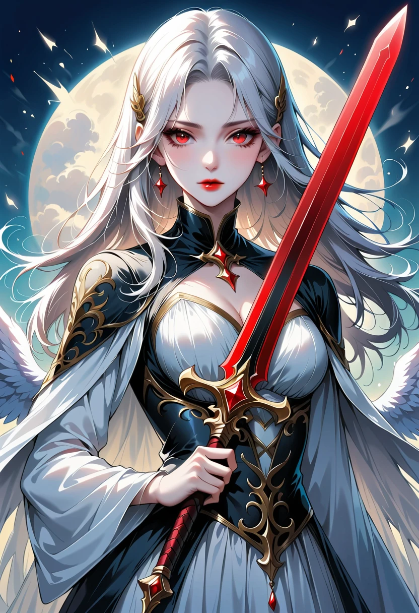 Beautiful angel with sword,Simple lines,Abstract Art,Holding a red long sword,