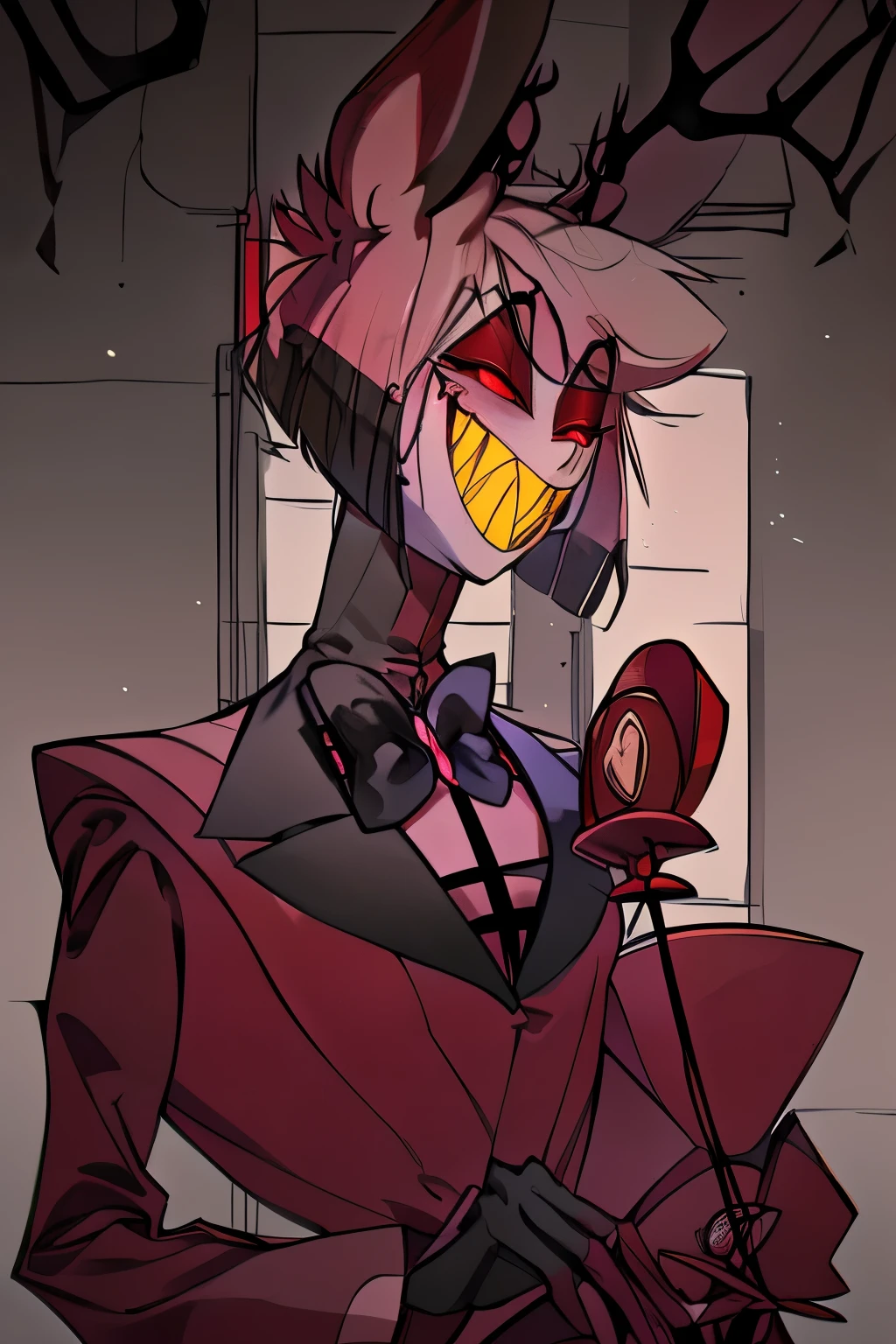 Alastor from hazbin hotel intimidating and seducing the viewer. 
view is low looking up at the character, full body drawing, full body, cartoon anime style, horror, scary, attractive, (best quality,4k,8k,highres,ultra-detailed,horror,anime,professionally lit, , ((SCARLET EYES)), ((red eyes),bowtie, jacket, monocle, microphone, suit, 1boy, solo, animal ears, sharp teeth, red eyes, teeth, bow, smile, looking at viewer, slit pupils, red hair, grin, multicolored hair, red sclera, holding microphone, vibrant colors, sharp focus, detailed facial features, wicked smile, piercing red eyes, slicked-back black hair, formal attire, top hat, radio microphone, vintage aesthetic, eerie lighting, ominous atmosphere, haunting presence all, lean figure with deer-like antlers on his head, boasting pale white skin, sharp teeth, and striking red eyes. vintage 1930s style attire, black suit with white pinstripes and a stylish red bow tie, complemented by a black top hat adorned with a distinctive red band, embodying the essence of a classic radio host from the early 20th century, which perfectly matches his charismatic and charming demeanor in the series. Full body drawing, head to toe, full character,