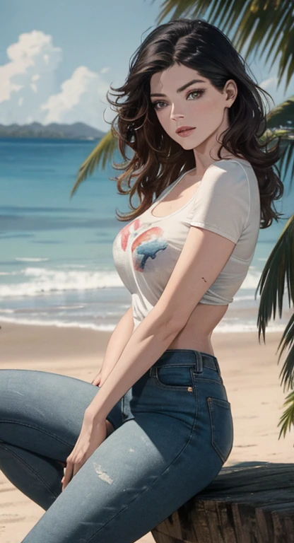 best quality, highres, ultra-detailed, realistic:1.37, HDR, vivid colors, soft lighting, line art, high-quality ink drawing, ultra-detailed, realistic shading, detailed features, vibrant colors, soft lighting, traditional oil painting style, intense gaze, flowing hair, elegant pose, vibrant, exotic beach background, A beautiful young woman, combination of Ashley Greene:0.95,Mackenzie Foy:0.7, Selma Blair:0.8, jeans, t-shirt, bohemian style