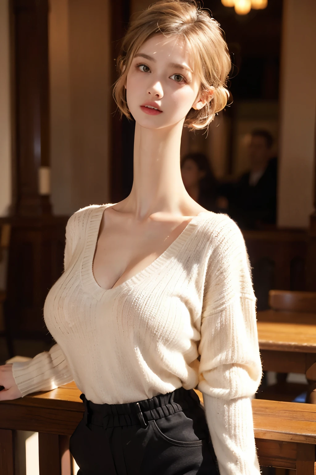 ultra detailed, best quality, masterpiece girl, short wavy blonde hair, v-neck sweater, high rise shorts, massive breasts, (longneck:1.45)