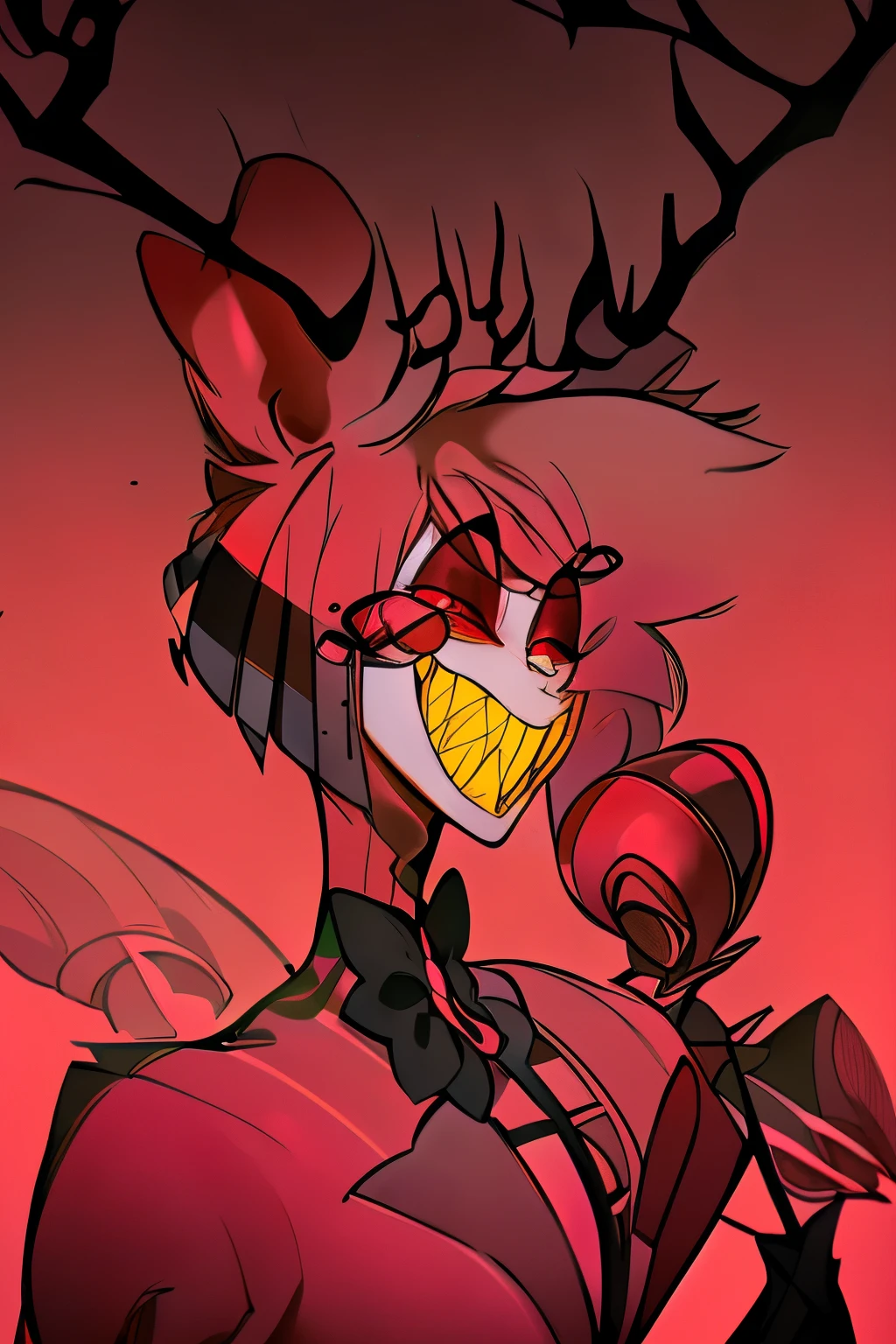 Alastor from hazbin hotel intimidating and seducing the viewer. 
view is low looking up at the character, full body drawing, full body, cartoon anime style, horror, scary, attractive, (best quality,4k,8k,highres,ultra-detailed,horror,anime,professionally lit, , ((SCARLET EYES)), ((red eyes),bowtie, jacket, monocle, microphone, suit, 1boy, solo, animal ears, sharp teeth, red eyes, teeth, bow, smile, looking at viewer, slit pupils, red hair, grin, multicolored hair, red sclera, holding microphone, vibrant colors, sharp focus, detailed facial features, wicked smile, piercing red eyes, slicked-back black hair, formal attire, top hat, radio microphone, vintage aesthetic, eerie lighting, ominous atmosphere, haunting presence all, lean figure with deer-like antlers on his head, boasting pale white skin, sharp teeth, and striking red eyes. vintage 1930s style attire, black suit with white pinstripes and a stylish red bow tie, complemented by a black top hat adorned with a distinctive red band, embodying the essence of a classic radio host from the early 20th century, which perfectly matches his charismatic and charming demeanor in the series. Full body drawing, head to toe, full character,