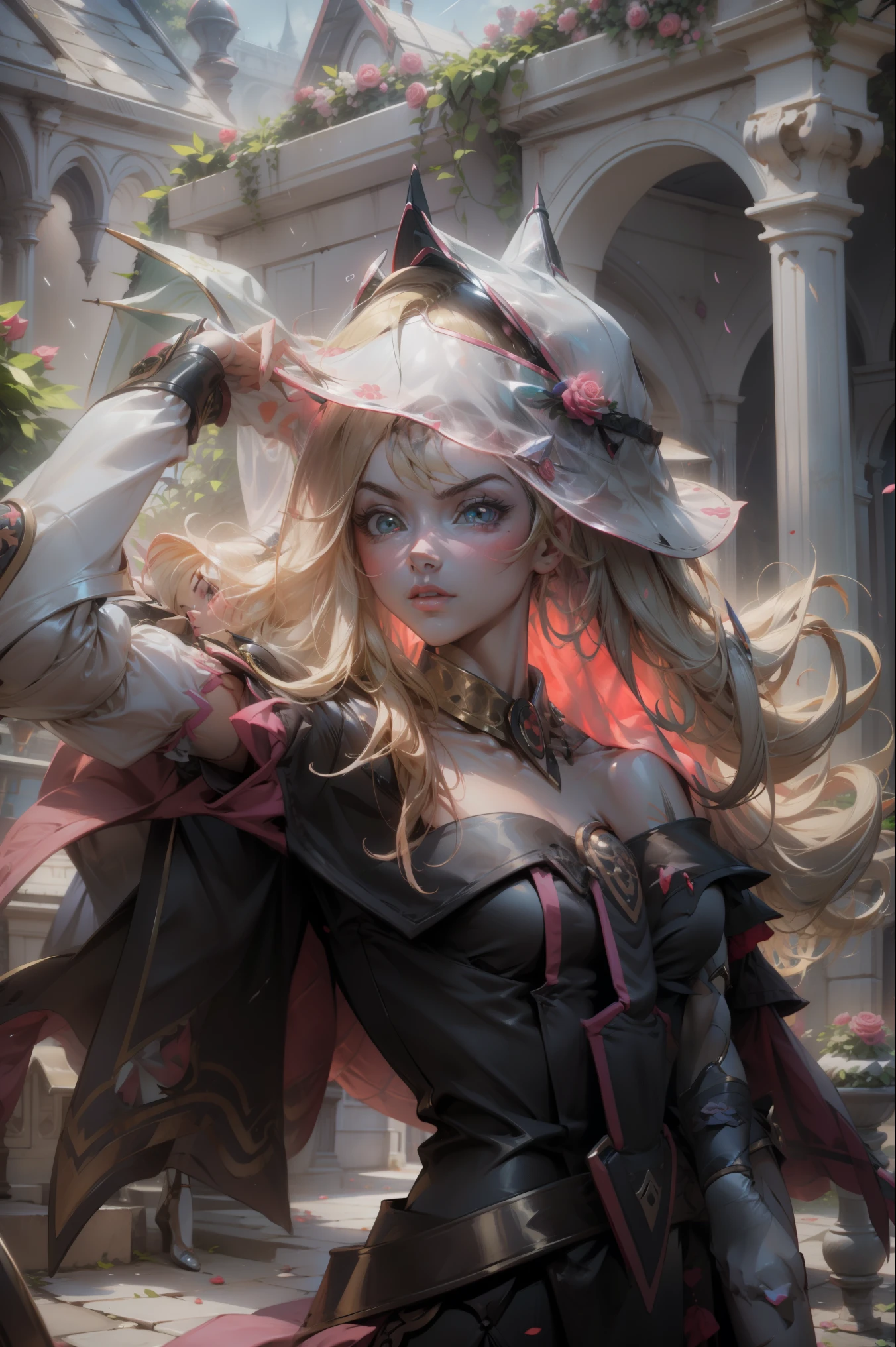 Hermosa dark magician gils. Joven con cabello corto y rubia. Ojos verdes. Labios rosados. She is in a garden of red roses. Rosas rojas la rodean. Pose y inocente. Fondo de rosas rojas y lluvia