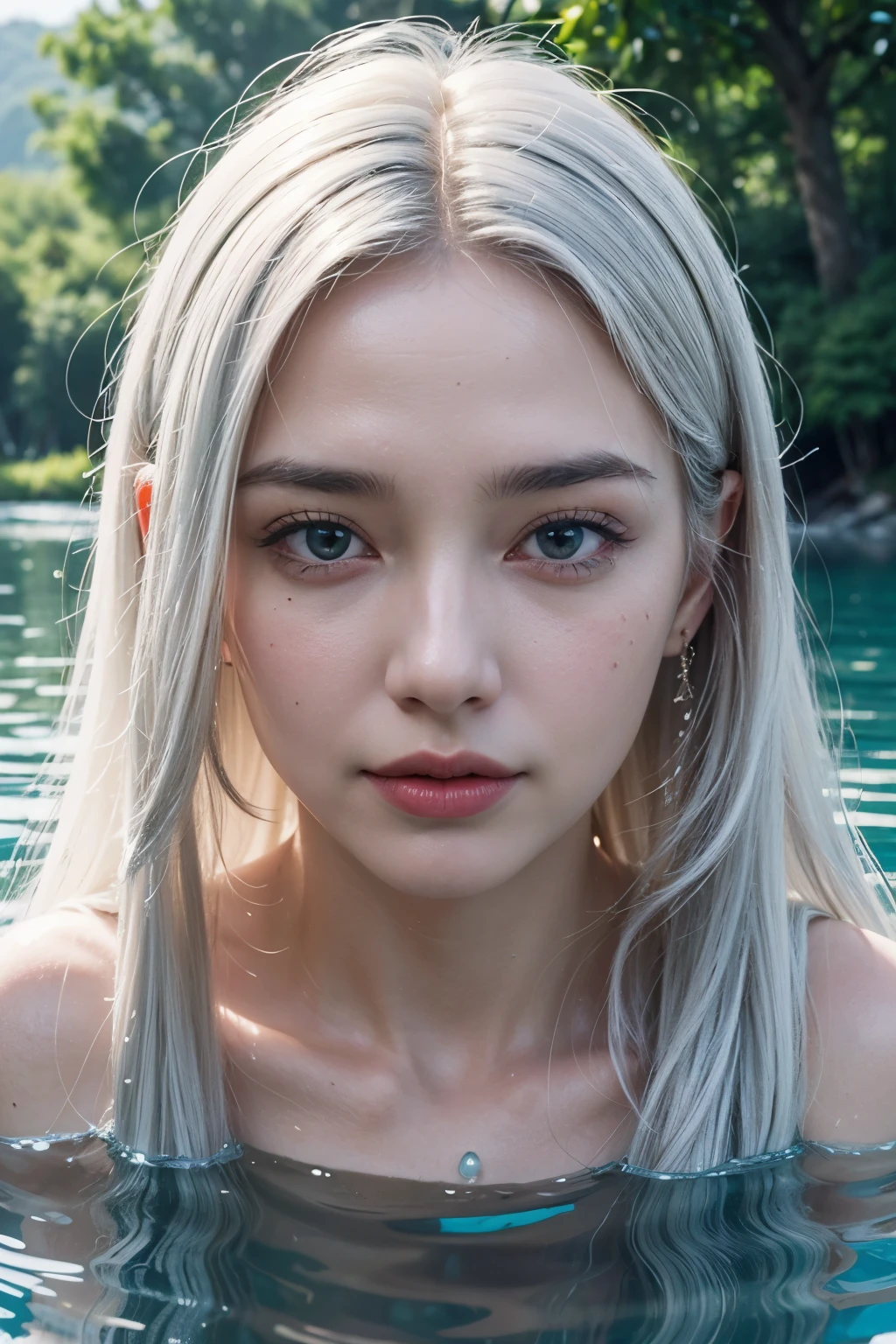 fantasy hyper realistic, close-up, middle-aged woman with oval face and long white hair, swimming gracefully in a lake, beautiful lake vegetation, water covers her body, her face and shoulders are visible, there are water droplets on her skin, light, precise painting details, shiny glossy detailed textured