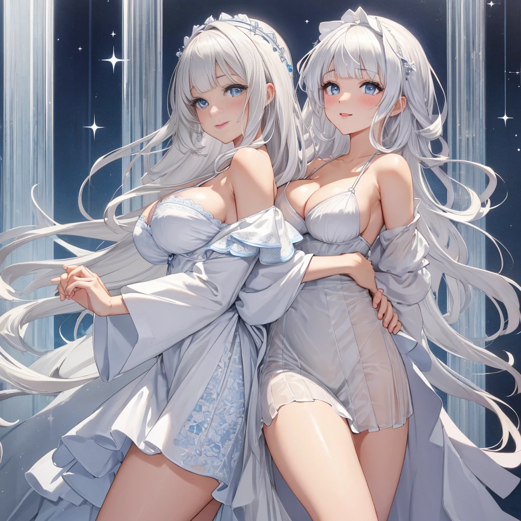 masterpiece, best quality, ultra detailed, highres, extremely detailed CG unity 8k wallpaper, perfect lighting、beautiful and aesthetic,sharp focus, perfect face, Perfect hands、Perfect Fingers、Perfect toes、Five fingers、、highest quality、Woman 1
white Hair、Blunt bangs、blue eyes、Sparkling eyes、extremely big eyes、smile、blush、negligee、Face close-up、Off the shoulder、(Large Breasts:1.3)、(Hide your arms behind your back:1.3)