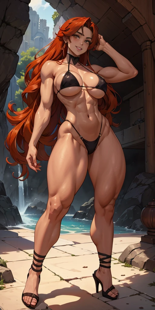 (Negra) Eris cuerpo completo de pie con dos muslos largos y Tacones altos, ojos grandes, cabello ROJO LARGO desordenado, Bikini amarillo, Tacones altos, manos en la cintura ombligo, boca cerrada sonriente (rubor rojo) brazales dorados sin mangas, gargantilla negra