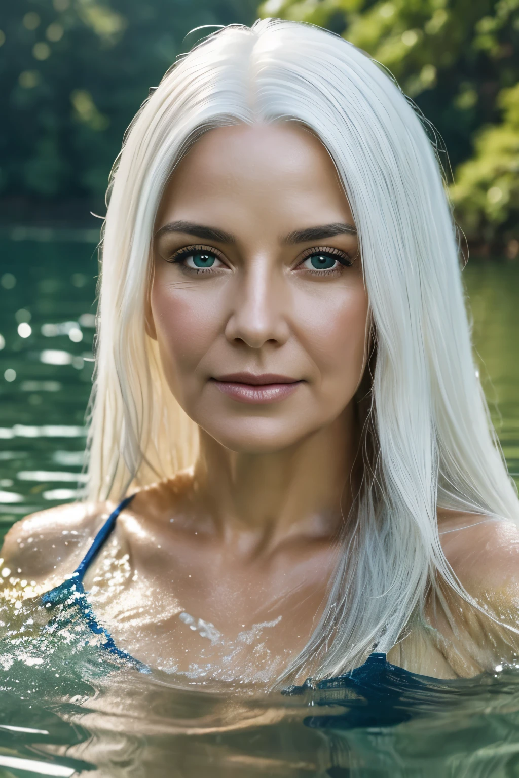 fantasy hyper realistic, close-up, middle-aged woman with oval face and long white hair, swimming gracefully in a lake, beautiful lake vegetation, water covers her body, her face and shoulders are visible, there are water droplets on her skin, light, precise painting details, shiny glossy detailed textured