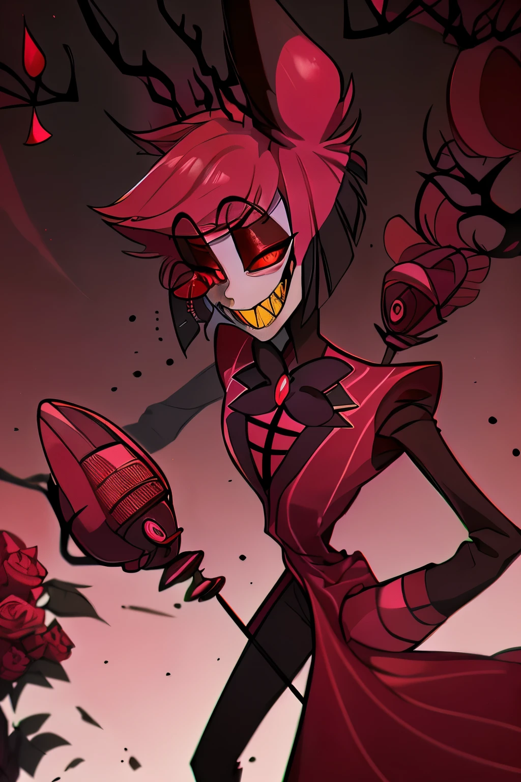 Alastor from hazbin hotel intimidating and seducing the viewer, holding a rose in his hand as a gift to the viewer. Romantic gesture. 
view is low looking up at the character, full body drawing, full body, cartoon anime style, horror, scary, attractive, (best quality,4k,8k,highres,ultra-detailed,horror,anime,professionally lit, , ((SCARLET EYES)), ((red eyes),bowtie, jacket, monocle, microphone, suit, 1boy, solo, animal ears, sharp teeth, red eyes, teeth, bow, smile, looking at viewer, slit pupils, red hair, grin, multicolored hair, red sclera, holding microphone, vibrant colors, sharp focus, detailed facial features, wicked smile, piercing red eyes, slicked-back black hair, formal attire, top hat, radio microphone, vintage aesthetic, eerie lighting, ominous atmosphere, haunting presence all, lean figure with deer-like antlers on his head, boasting pale white skin, sharp teeth, and striking red eyes. vintage 1930s style attire, black suit with white pinstripes and a stylish red bow tie, complemented by a black top hat adorned with a distinctive red band, embodying the essence of a classic radio host from the early 20th century, which perfectly matches his charismatic and charming demeanor in the series. Full body drawing, head to toe, full character, rose 