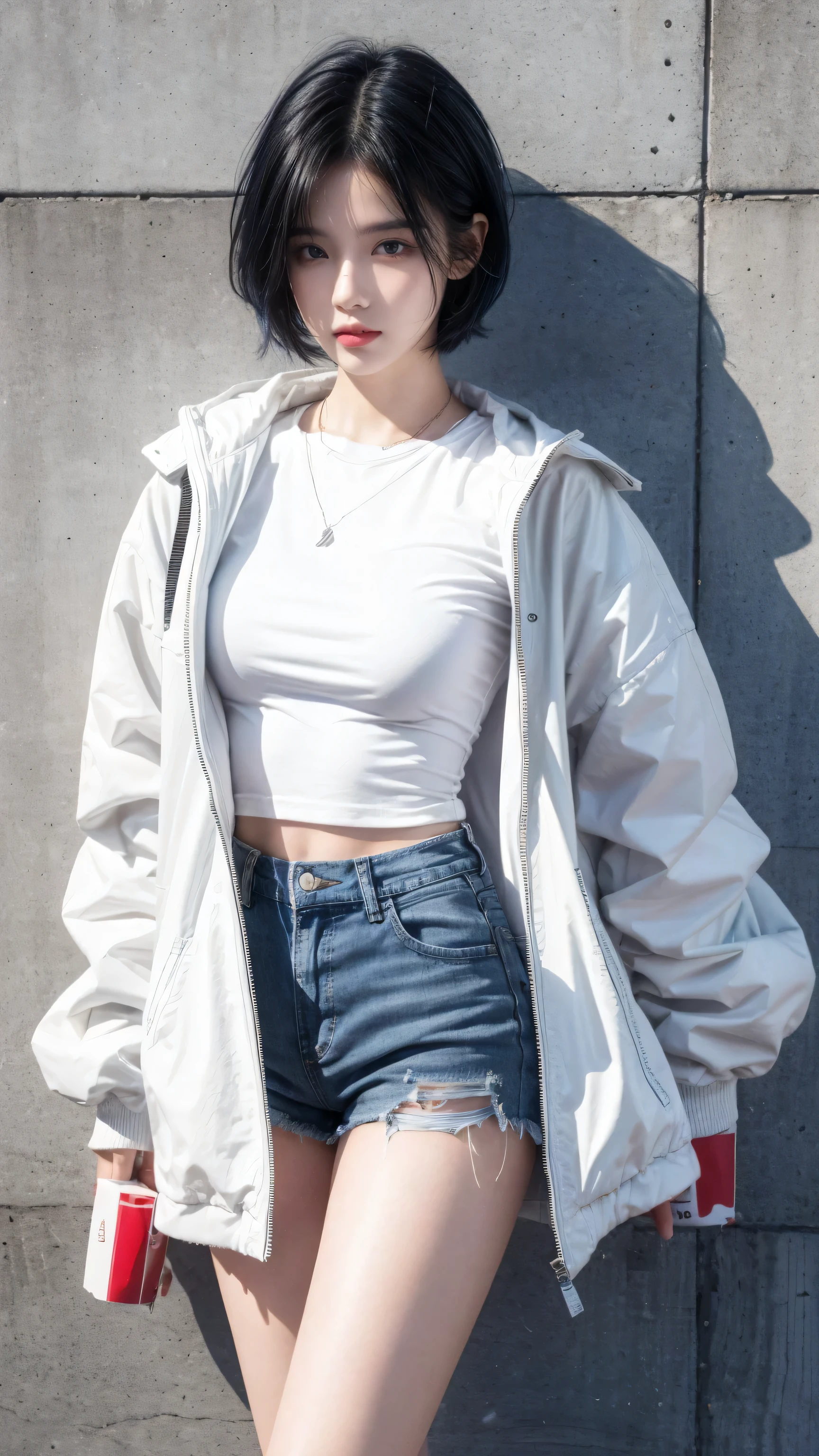 best quality, 1 Girl, dark blue hair, black eyes, Very short hair, Spiky hair, oversize t-shirt, white jacket jeans, High waist short jeans, 171 cm, Messy hair, Hair between the eyes, Medium breasts, full, Tomboy, aldult, 20 years old, 1 Girl