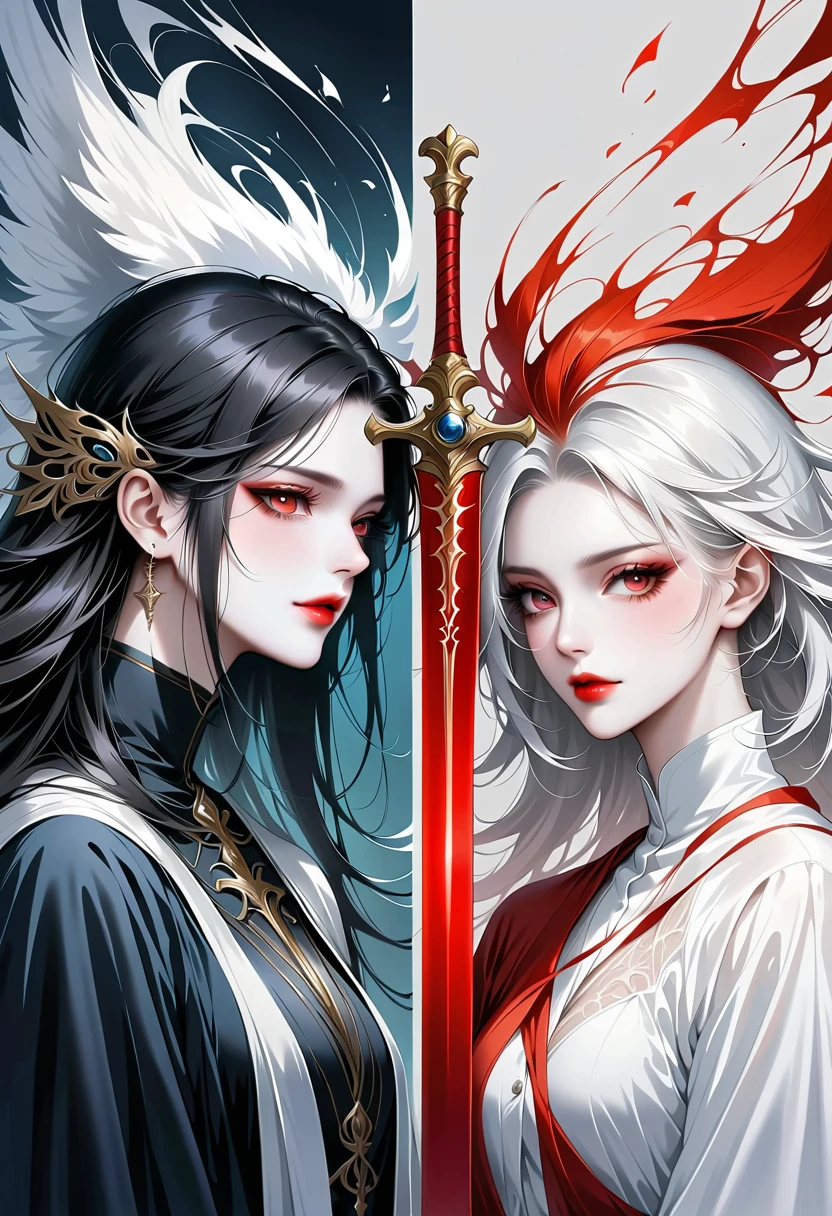 Beautiful angel holding a sword,Simple lines,Abstract Art,Holding a red long sword, (The artwork should transition from a black and white pencil style on the left half to bright colors on the right half, Ensure the two halves blend seamlessly,No dividing line. Detailed black and white pencil strokes are shown on the left,The fill color is shown on the right, Create a fusion of the entire image)