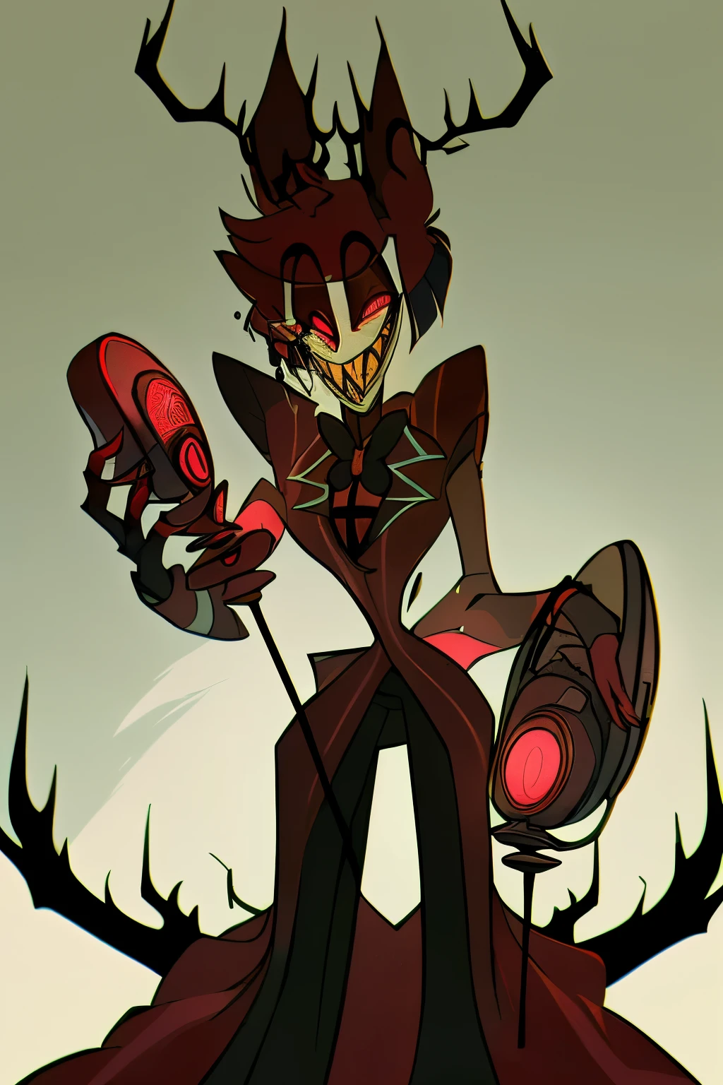Alastor from hazbin hotel intimidating and seducing the viewer, holding a rose in his hand as a gift to the viewer. Romantic gesture.
view is low looking up at the character, full body drawing, full body, cartoon anime style, horror, scary, attractive, (best quality,4k,8k,highres,ultra-detailed,horror,anime,professionally lit, , ((SCARLET EYES)), ((red eyes),bowtie, jacket, monocle, microphone, suit, 1boy, solo, animal ears, sharp teeth, red eyes, teeth, bow, smile, looking at viewer, slit pupils, red hair, grin, multicolored hair, red sclera, holding microphone, vibrant colors, sharp focus, detailed facial features, wicked smile, piercing red eyes, slicked-back black hair, formal attire, top hat, radio microphone, vintage aesthetic, eerie lighting, ominous atmosphere, haunting presence all, lean figure with deer-like antlers on his head, boasting pale white skin, sharp teeth, and striking red eyes. vintage 1930s style attire, black suit with white pinstripes and a stylish red bow tie, complemented by a black top hat adorned with a distinctive red band, embodying the essence of a classic radio host from the early 20th century, which perfectly matches his charismatic and charming demeanor in the series. Full body drawing, head to toe, full character, rose