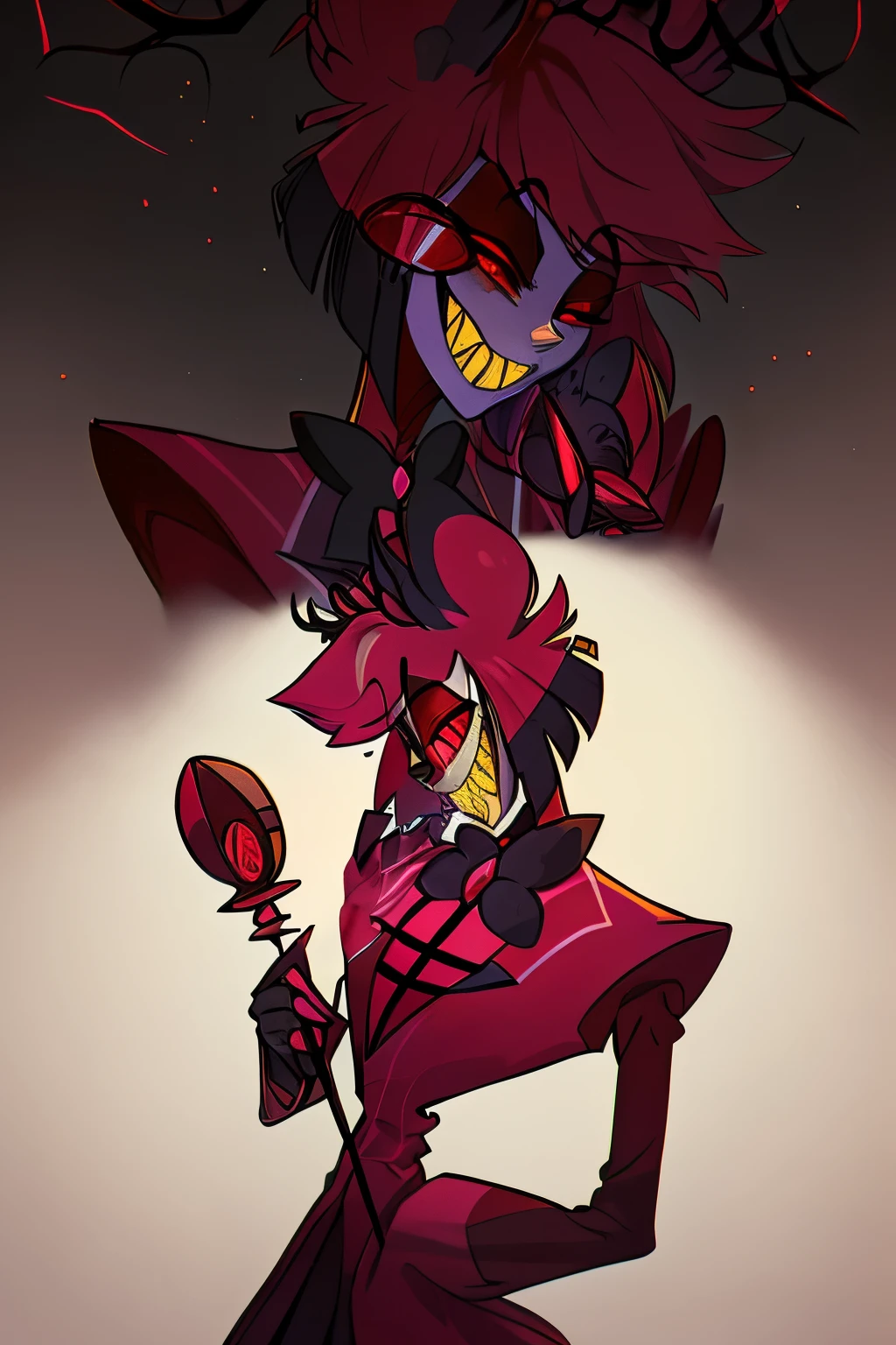 Alastor from hazbin hotel intimidating and seducing the viewer, holding a rose in his hand as a gift to the viewer. Romantic gesture.
view is low looking up at the character, full body drawing, full body, cartoon anime style, horror, scary, attractive, (best quality,4k,8k,highres,ultra-detailed,horror,anime,professionally lit, , ((SCARLET EYES)), ((red eyes),bowtie, jacket, monocle, microphone, suit, 1boy, solo, animal ears, sharp teeth, red eyes, teeth, bow, smile, looking at viewer, slit pupils, red hair, grin, multicolored hair, red sclera, holding microphone, vibrant colors, sharp focus, detailed facial features, wicked smile, piercing red eyes, slicked-back black hair, formal attire, top hat, radio microphone, vintage aesthetic, eerie lighting, ominous atmosphere, haunting presence all, lean figure with deer-like antlers on his head, boasting pale white skin, sharp teeth, and striking red eyes. vintage 1930s style attire, black suit with white pinstripes and a stylish red bow tie, complemented by a black top hat adorned with a distinctive red band, embodying the essence of a classic radio host from the early 20th century, which perfectly matches his charismatic and charming demeanor in the series. Full body drawing, head to toe, full character, rose