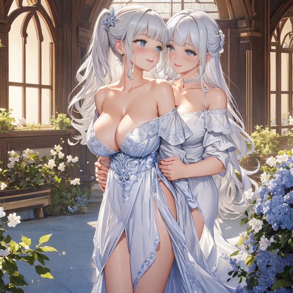 masterpiece, best quality, ultra detailed, highres, extremely detailed CG unity 8k wallpaper, perfect lighting、beautiful and aesthetic,sharp focus, perfect face, Perfect hands、Perfect Fingers、Perfect toes、Five fingers、、highest quality、Woman 1
white Hair、Blunt bangs、blue eyes、Sparkling eyes、extremely big eyes、smile、blush、negligee、Face close-up、Off the shoulder、(Large Breasts:1.3)、(Hide your arms behind your back:1.3)、(yuri:1.2)