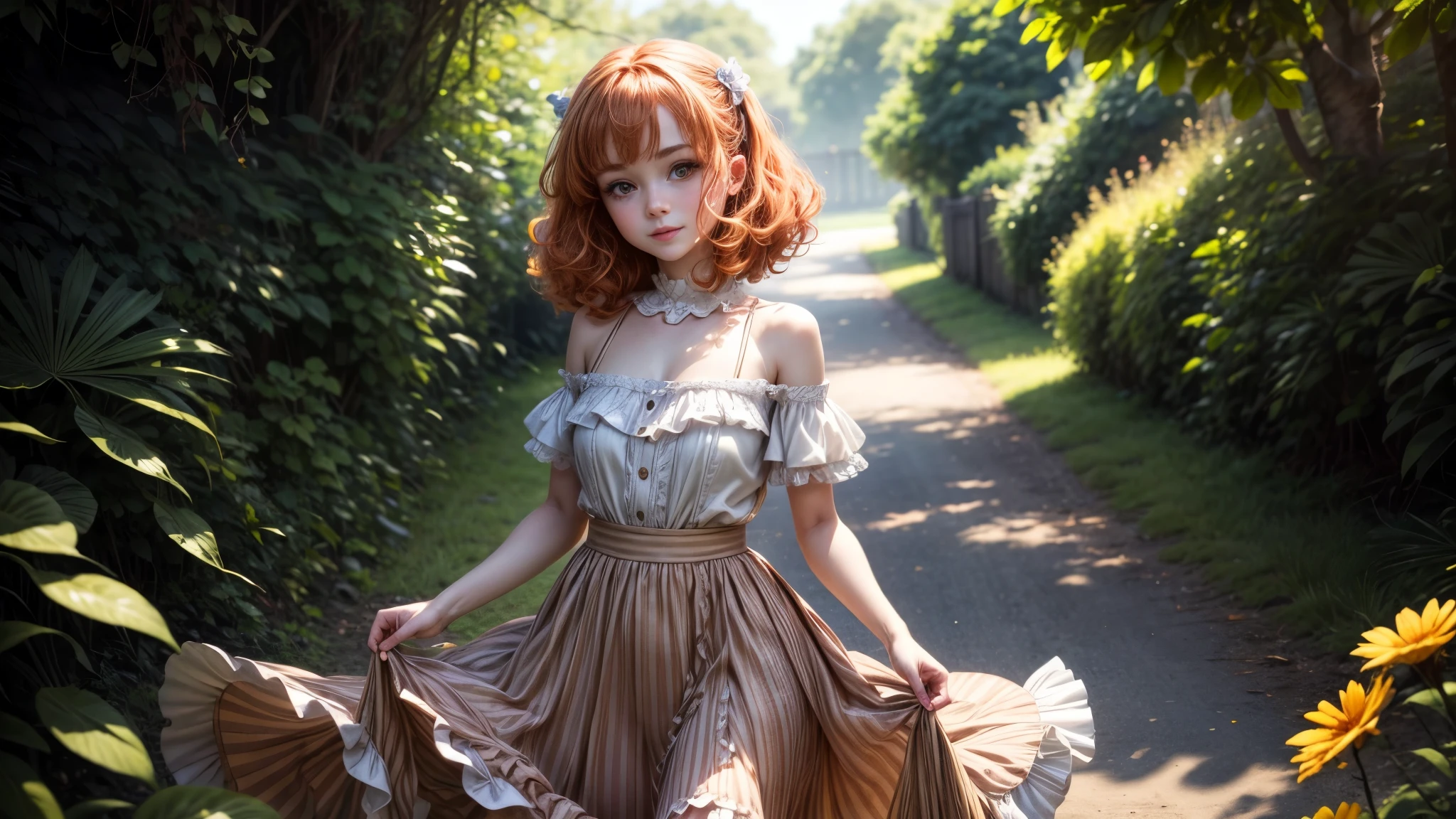8k, masterpiece, lolita, ginger hair, ginger eyebrows, she's looking at you, bare shoulders, delicate legs, plated skirt, looking at the viewer, Looks straight into your eyes, her gaze is directed at you, Sunlit, Frolicking happily, small smile, colorful Dress with skirt, Frickles, forrest on a windy day, sunlit day, flirting cousin