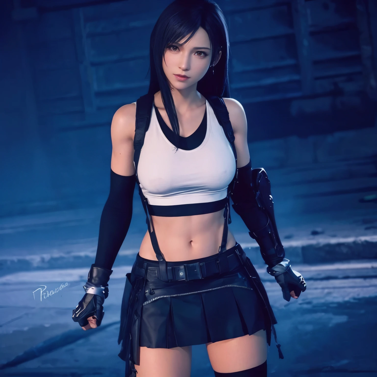 (best quality,ultra-detalhado),(Realistic:1.37),Tifa Lockhart, Rosto bonito e detalhado, maquiagem preta nos olhos, textura ultra realista, rosto delicado, expression serious