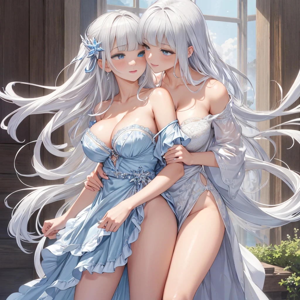 masterpiece, best quality, ultra detailed, highres, extremely detailed CG unity 8k wallpaper, perfect lighting、beautiful and aesthetic,sharp focus, perfect face, Perfect hands、Perfect Fingers、Perfect toes、Five fingers、、highest quality、Woman 1
white Hair、Blunt bangs、blue eyes、Sparkling eyes、extremely big eyes、smile、blush、negligee、Face close-up、Off the shoulder、(Large Breasts:1.3)、(Hide your arms behind your back:1.3)、(yuri:1.2)