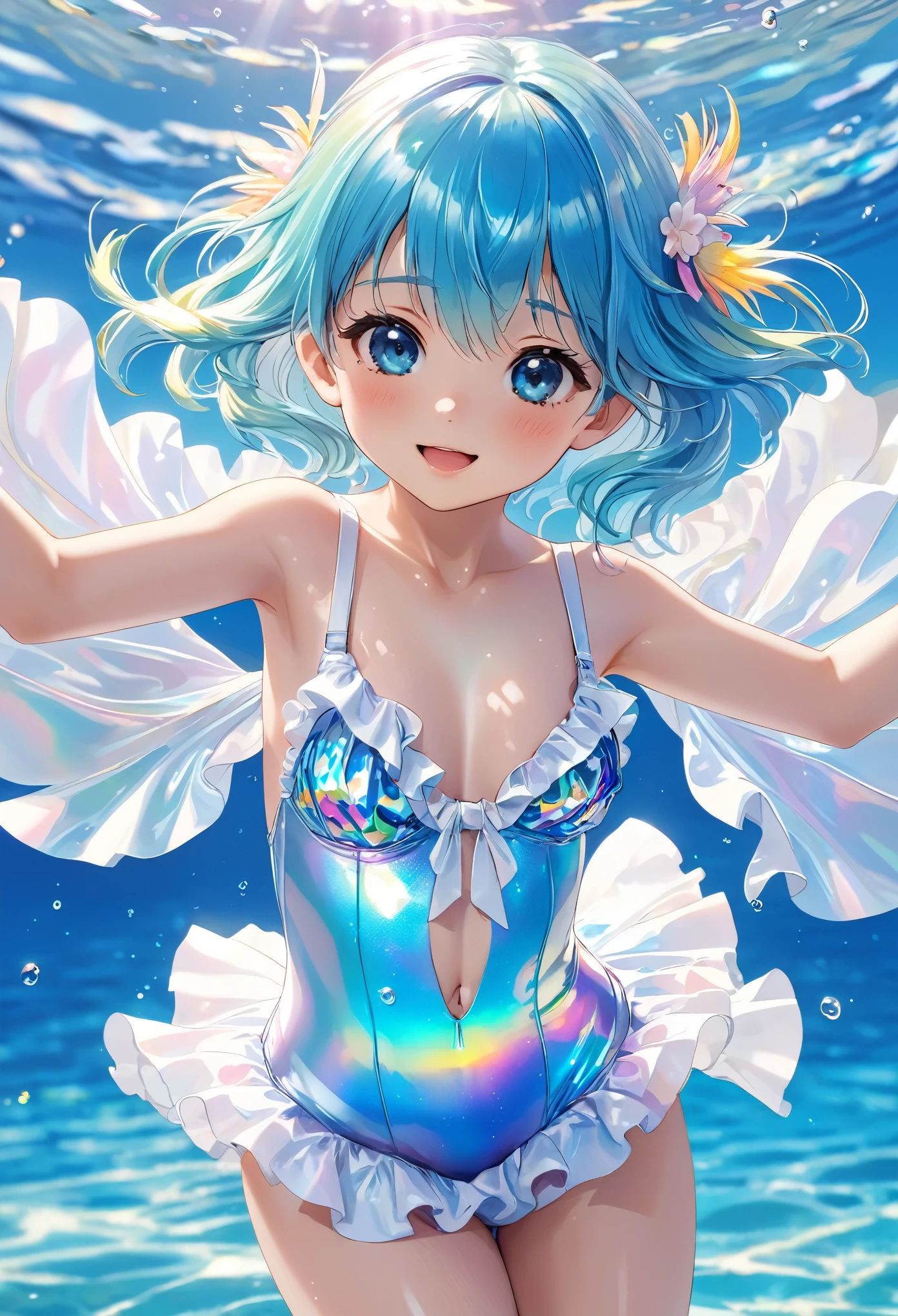 (best qualityer, masterpiece1.8), cute painting, a woman in a swimsuit in the water, wet swimsuit wear, is wearing a swimsuit wear, water armor, blue scales covering her chest, in water up to your shoulders, stands in a pool of water, swimsuit wear, scales covering her chest, wearing two - piece swimsuit wear, Nothing, with blue skin, deep blue skin, water demon, silver hair (hypdertailed)