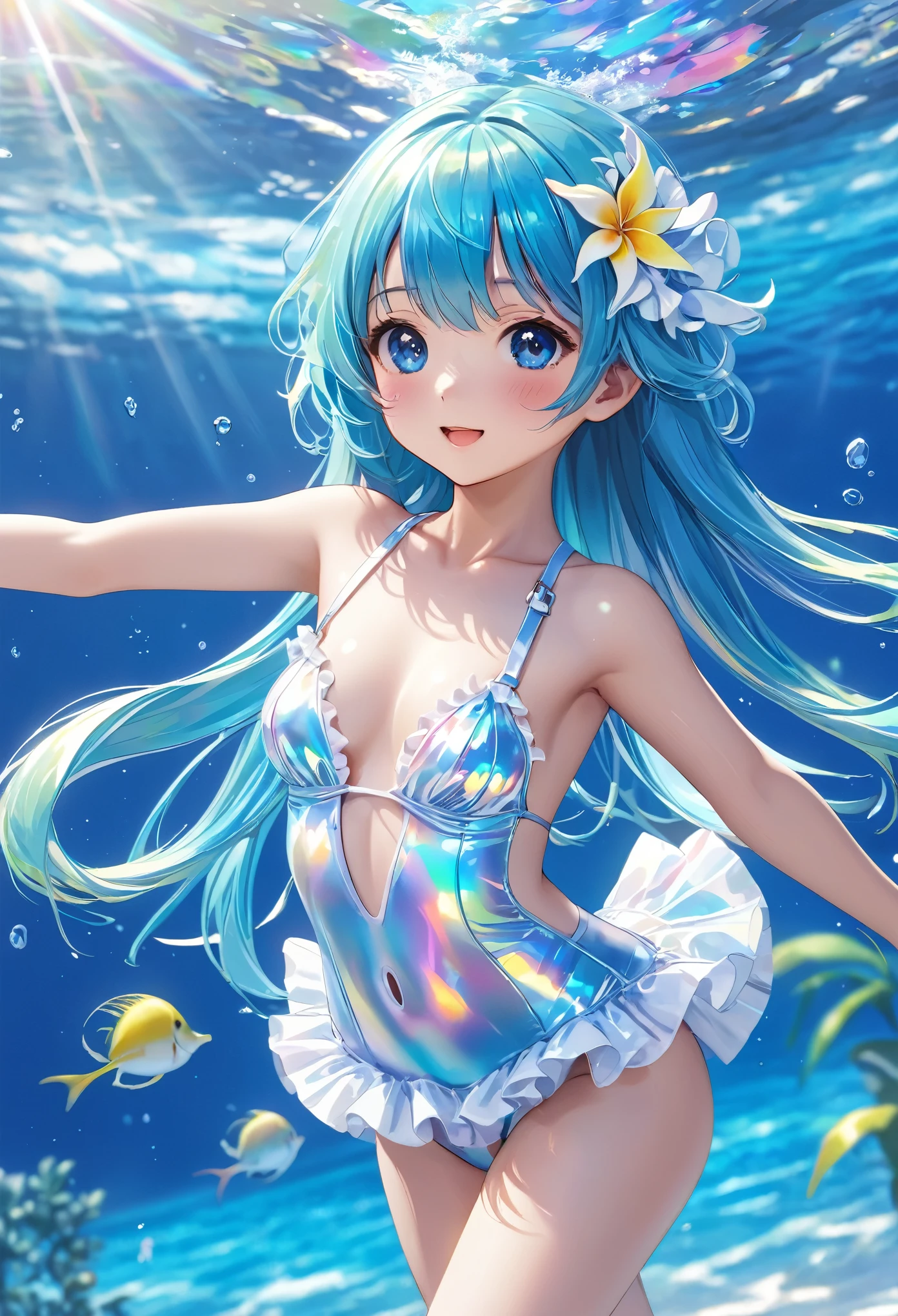 Holographic hair and white frilly swimsuit、Tropical blue sea、ergarteners、Small breasts、highest quality, masterpiece, Highest quality, High resolution, 8k, 超A high resolution, (Photorealistic:1.4), Put your arms behind your back, Hide your arms behind your back,Dance with your hands wide open