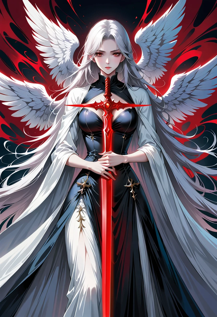 Beautiful angel with sword,Simple lines,Abstract Art,Holding a red long sword,